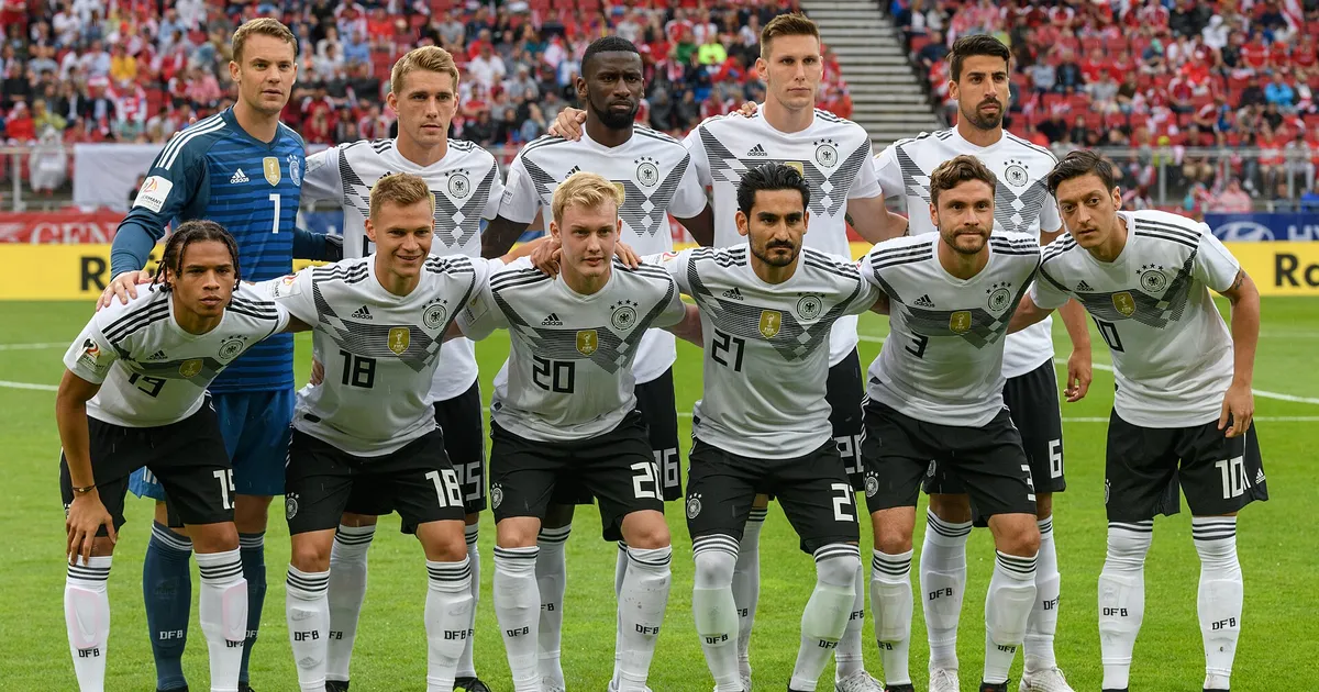 FIFA Friendly Match Austria vs. Germany 2018/06/02 in Klagenfurt/Woerthersee. Picture shows (rear row) Manuel Neuer (GER), Nils Petersen (GER), Antonio Rüdiger (GER), Niklas Süle (GER), Sami Khedira (GER), (front row) Leroy Sané (GER), Joshua Kimmich (GER), Julian Brandt (GER), Ilkay Gündogan (GER), Jonas Hector (GER), Mesut Özil (GER).
