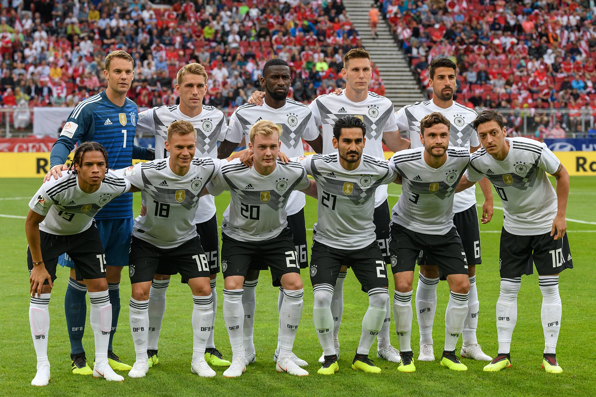 FIFA Friendly Match Austria vs. Germany 2018/06/02 in Klagenfurt/Woerthersee. Picture shows (rear row) Manuel Neuer (GER), Nils Petersen (GER), Antonio Rüdiger (GER), Niklas Süle (GER), Sami Khedira (GER), (front row) Leroy Sané (GER), Joshua Kimmich (GER), Julian Brandt (GER), Ilkay Gündogan (GER), Jonas Hector (GER), Mesut Özil (GER).