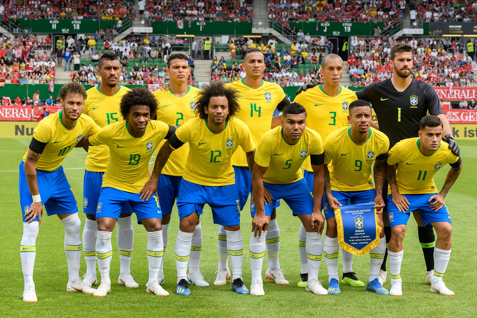 FIFA Friendly Match Austria vs. Brazil 2018/06/10 in Vienna/Ernst-Happel-Stadium. Picture shows Brazilian national team Paulinho (15), Thiago Silva (2), Danilo (14), Miranda (3), Alisson (1), Neymar (10), Willian (19), Marcelo (12), Casemiro (5), Gabriel Jesus (9) and Philippe Coutinho (11).
