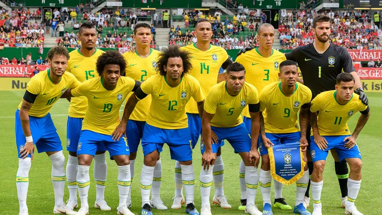 FIFA Friendly Match Austria vs. Brazil 2018/06/10 in Vienna/Ernst-Happel-Stadium. Picture shows Brazilian national team Paulinho (15), Thiago Silva (2), Danilo (14), Miranda (3), Alisson (1), Neymar (10), Willian (19), Marcelo (12), Casemiro (5), Gabriel Jesus (9) and Philippe Coutinho (11).
