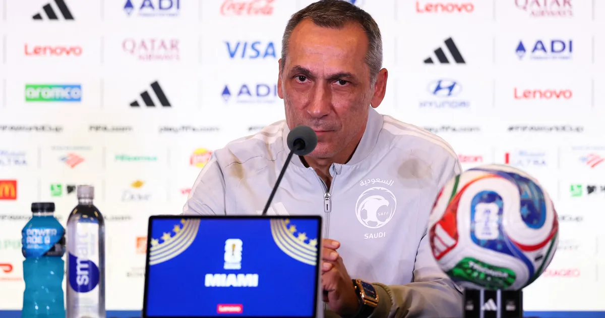 MIAMI, FLORIDA - JUNE 14: Head Coach Georgios Donis of Saudi Arabia speaks to the media during a press conference one day ahead of the FIFA World Cup 2026 Group H match between Saudi Arabia and Uruguay at Miami Stadium on June 14, 2026 in Miami, Florida. Megan Briggs/Getty Images/AFP (Photo by Megan Briggs / GETTY IMAGES NORTH AMERICA / Getty Images via AFP)