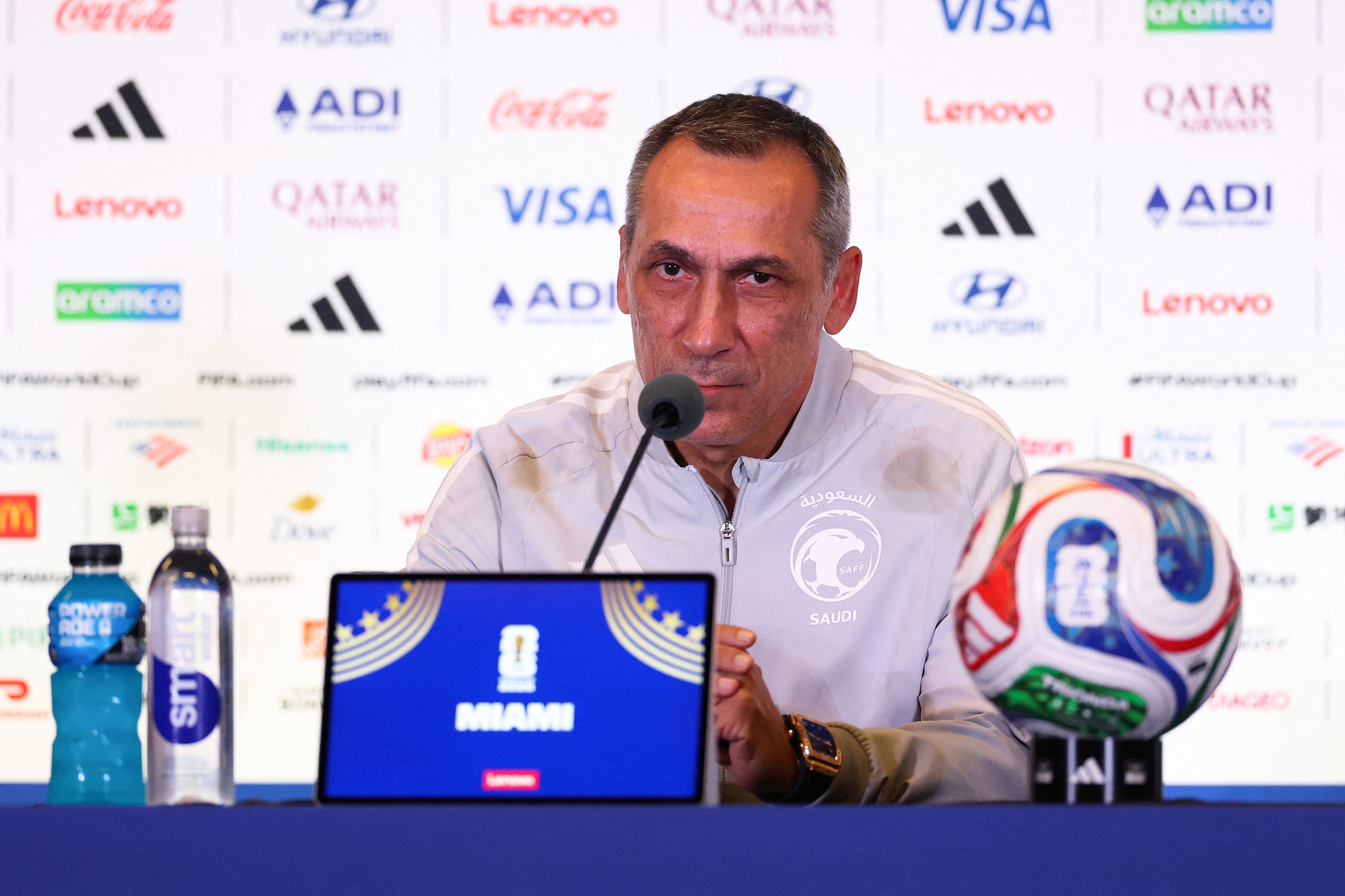 MIAMI, FLORIDA - JUNE 14: Head Coach Georgios Donis of Saudi Arabia speaks to the media during a press conference one day ahead of the FIFA World Cup 2026 Group H match between Saudi Arabia and Uruguay at Miami Stadium on June 14, 2026 in Miami, Florida. Megan Briggs/Getty Images/AFP (Photo by Megan Briggs / GETTY IMAGES NORTH AMERICA / Getty Images via AFP)