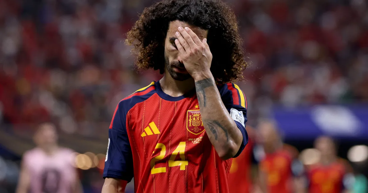 ATLANTA, GEORGIA - JUNE 15: Marc Cucurella #24 of Spain reacts after the 0-0 draw during the FIFA World Cup 2026 Group H match between Spain and Cabo Verde at Atlanta Stadium on June 15, 2026 in Atlanta, Georgia. Mattia Ozbot/Getty Images/AFP (Photo by Mattia Ozbot / GETTY IMAGES NORTH AMERICA / Getty Images via AFP)