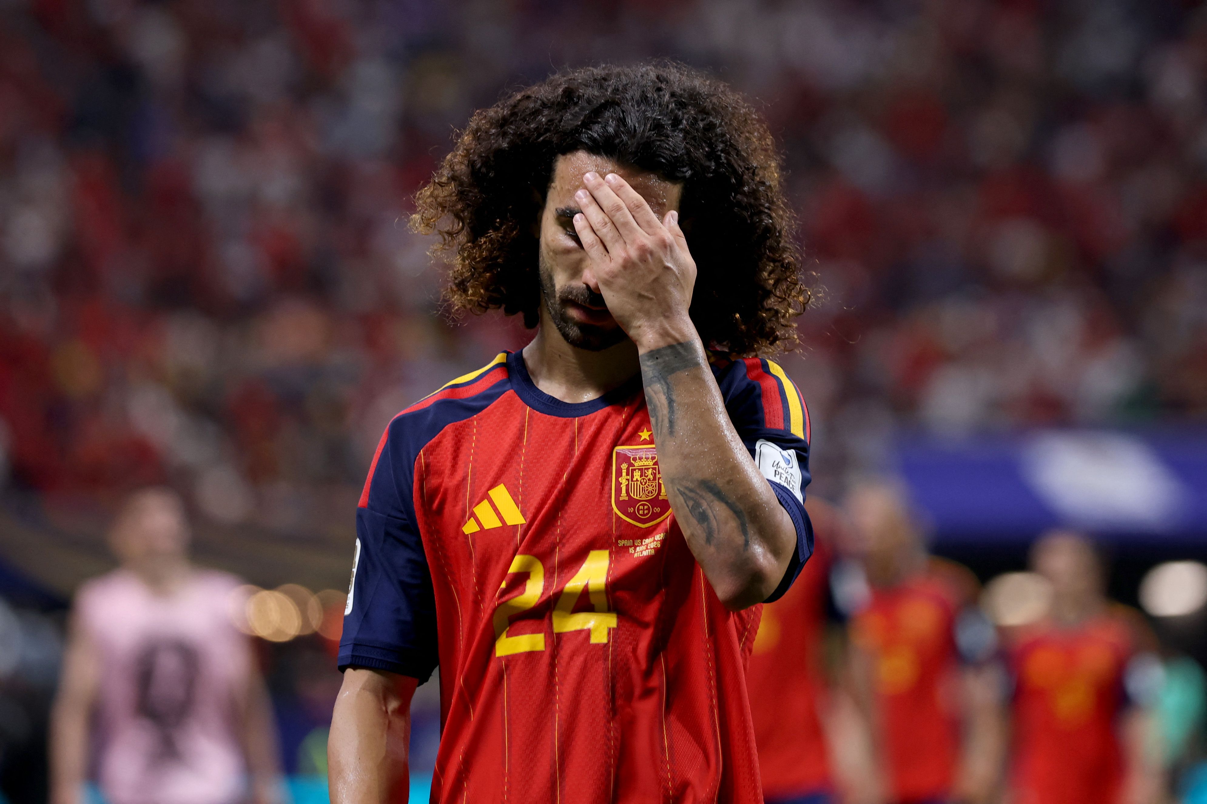 ATLANTA, GEORGIA - JUNE 15: Marc Cucurella #24 of Spain reacts after the 0-0 draw during the FIFA World Cup 2026 Group H match between Spain and Cabo Verde at Atlanta Stadium on June 15, 2026 in Atlanta, Georgia.   Mattia Ozbot/Getty Images/AFP (Photo by Mattia Ozbot / GETTY IMAGES NORTH AMERICA / Getty Images via AFP)