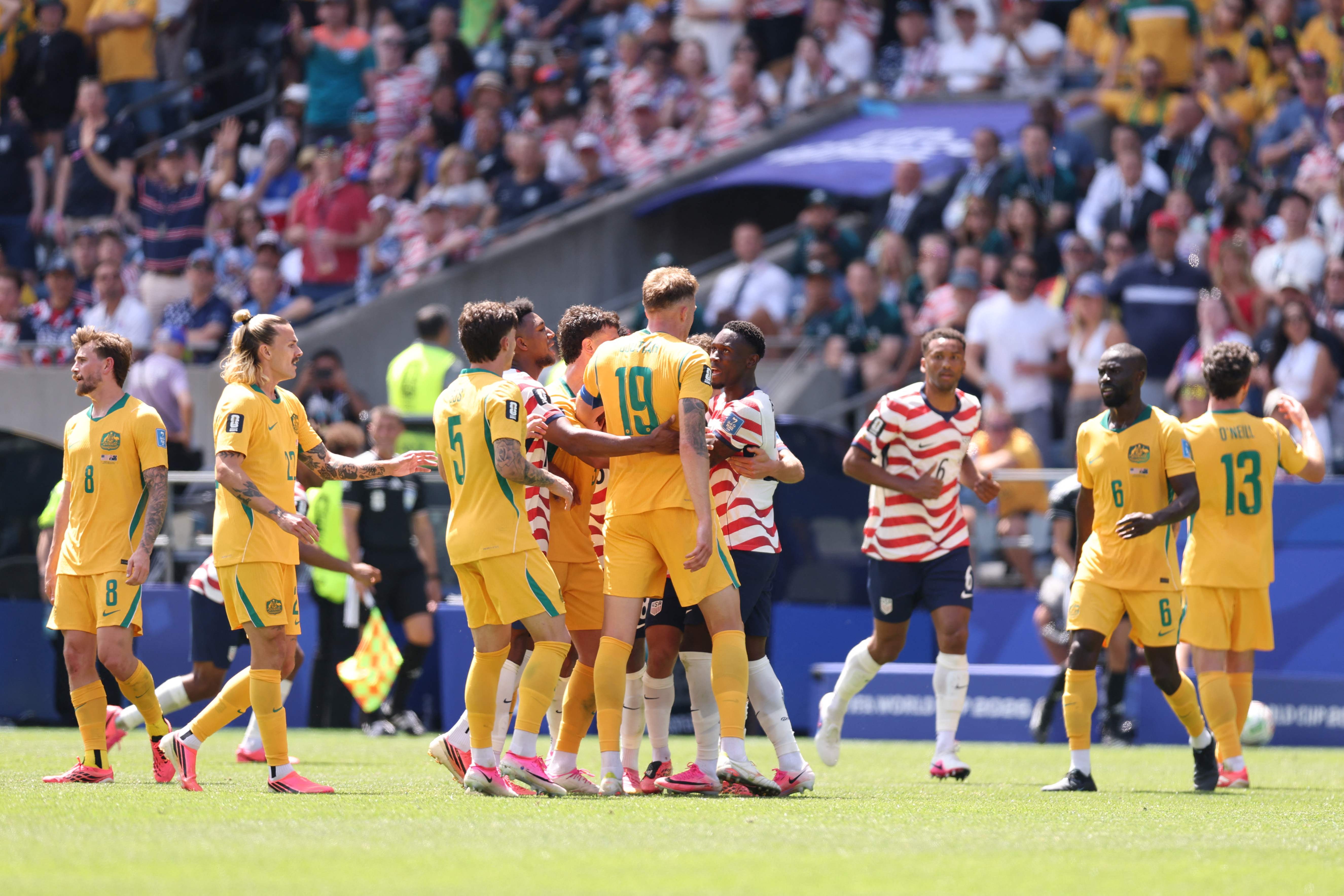 SEATTLE, WASHINGTON - JUNE 19: Players argue the FIFA World Cup 2026 Group C match between Scotland and Morocco at Boston Stadium on June 19, 2026 in Foxborough, Massachusetts. Fran Santiago/Getty Images/AFP (Photo by Fran Santiago / GETTY IMAGES NORTH AMERICA / Getty Images via AFP)