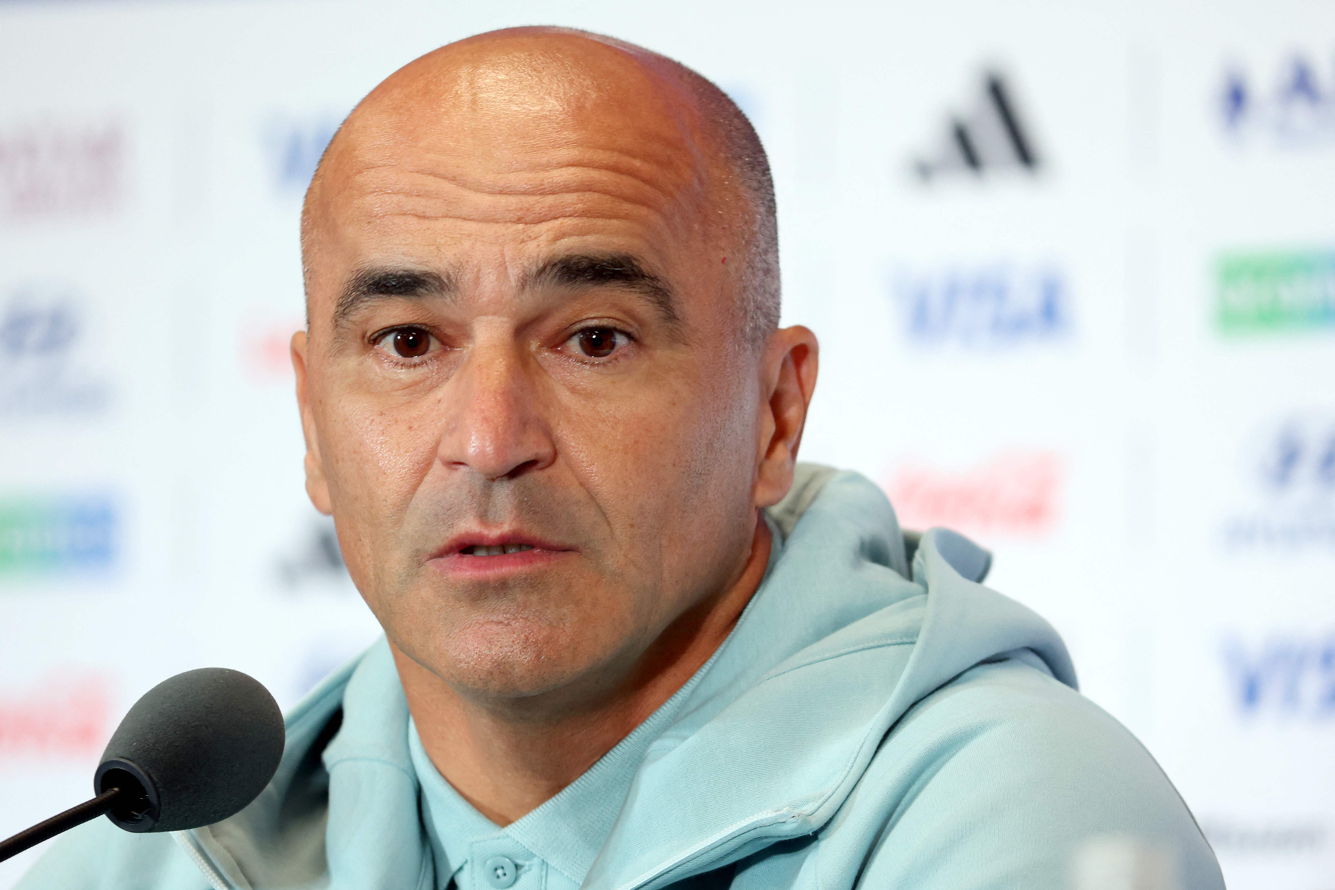MIAMI, FLORIDA - JUNE 26: Head Coach Roberto Martinez of Portugal speaks during a press conference one day ahead of the FIFA World Cup 2026 Group K match between Colombia and Portugal at Miami Stadium on June 26, 2026 in Miami, Florida.   Leonardo Fernandez/Getty Images/AFP (Photo by Leonardo Fernandez / GETTY IMAGES NORTH AMERICA / Getty Images via AFP)