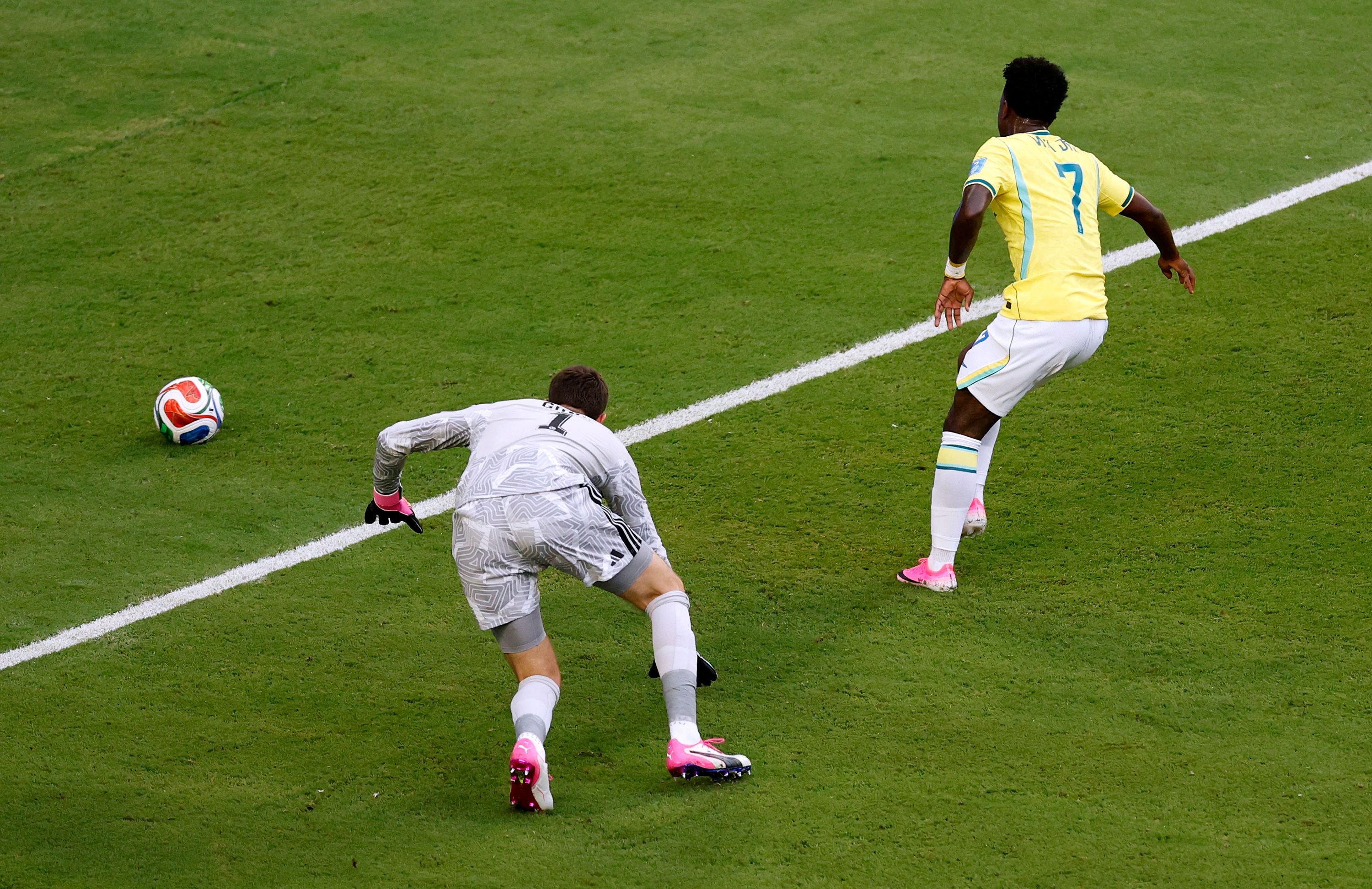 MIAMI GARDENS, FLORIDA - JUNE 24: Vinicius Junior #7 of Brazil scores his team's first goal during the FIFA World Cup 2026 Group C match between Scotland and Brazil at Miami Stadium on June 24, 2026 in Miami Gardens, Florida.   Michael Reaves/Getty Images/AFP (Photo by Michael Reaves / GETTY IMAGES NORTH AMERICA / Getty Images via AFP)