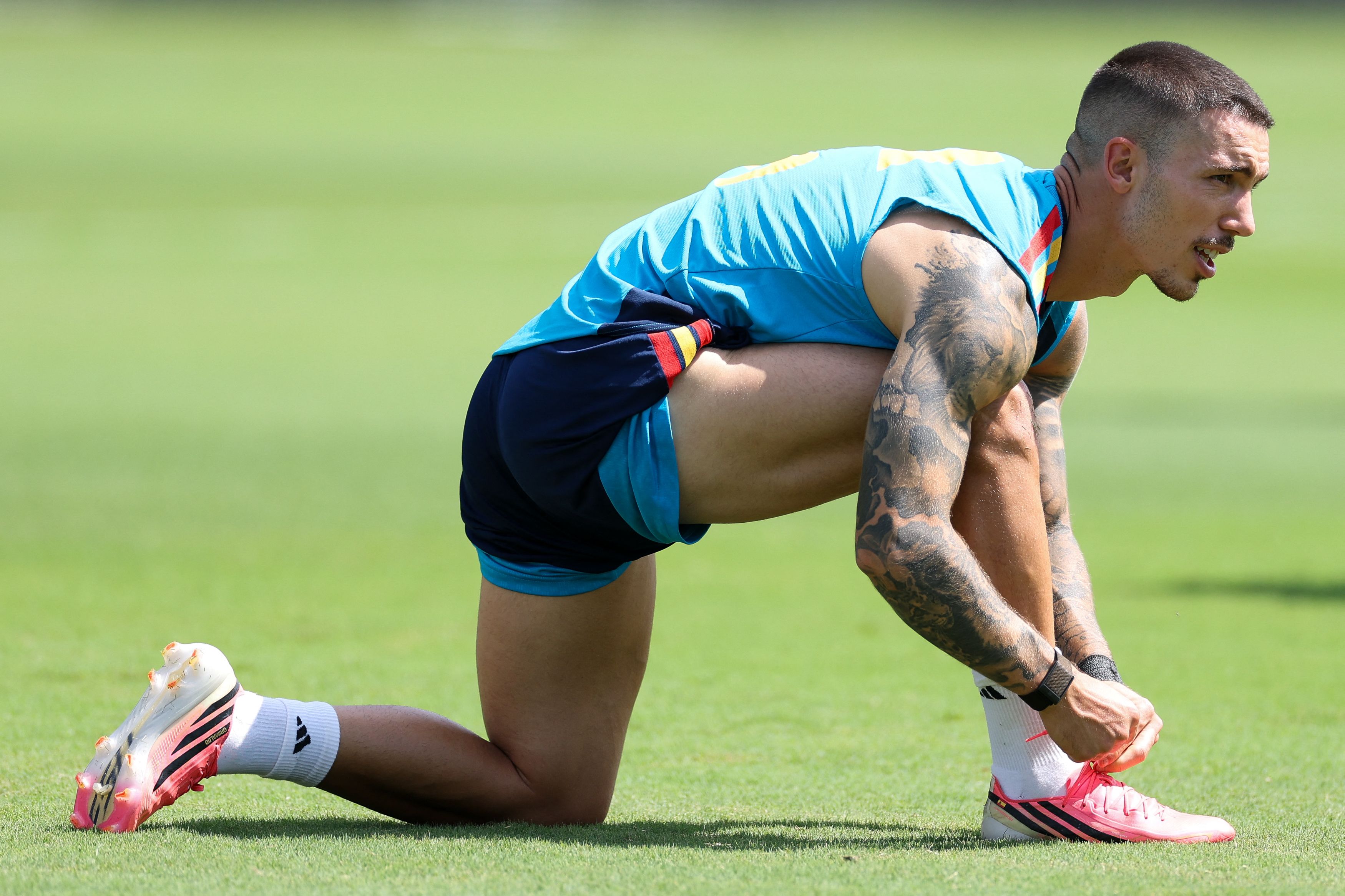 CHATTANOOGA, TENNESSEE - JUNE 29: Alex Grimaldo #3 of Spain looks on during the Training at Baylor School on June 29, 2026 in Chattanooga, Tennessee.   Florencia Tan Jun/Getty Images/AFP (Photo by Florencia Tan Jun / GETTY IMAGES NORTH AMERICA / Getty Images via AFP)