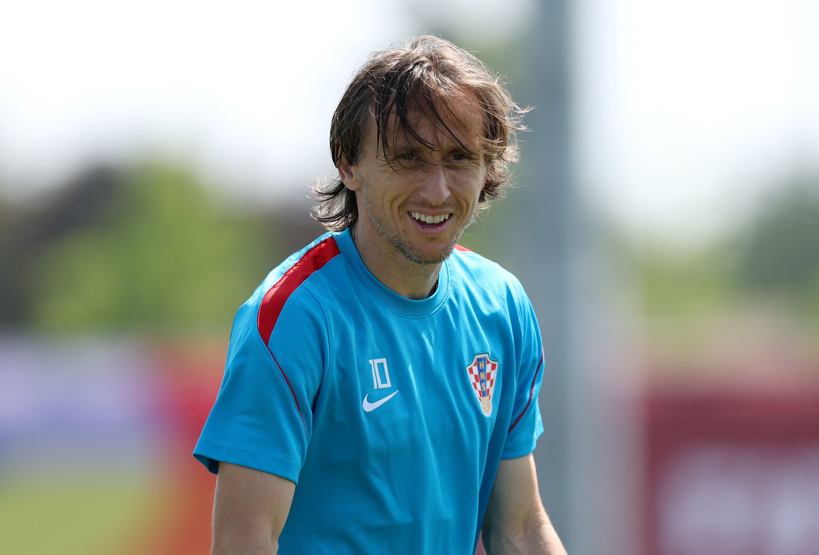 TORONTO, ONTARIO - JULY 01: Luka Modric #10 of Croatia looks on during the training and press conference of Group L Runner-Up one day ahead of the FIFA World Cup 2026 Round Of 32 match between Group K Runner-Up and Group L Runner-Up at Toronto Stadium on July 01, 2026 in Toronto, Ontario. Mark Blinch/Getty Images/AFP (Photo by MARK BLINCH / GETTY IMAGES NORTH AMERICA / Getty Images via AFP)