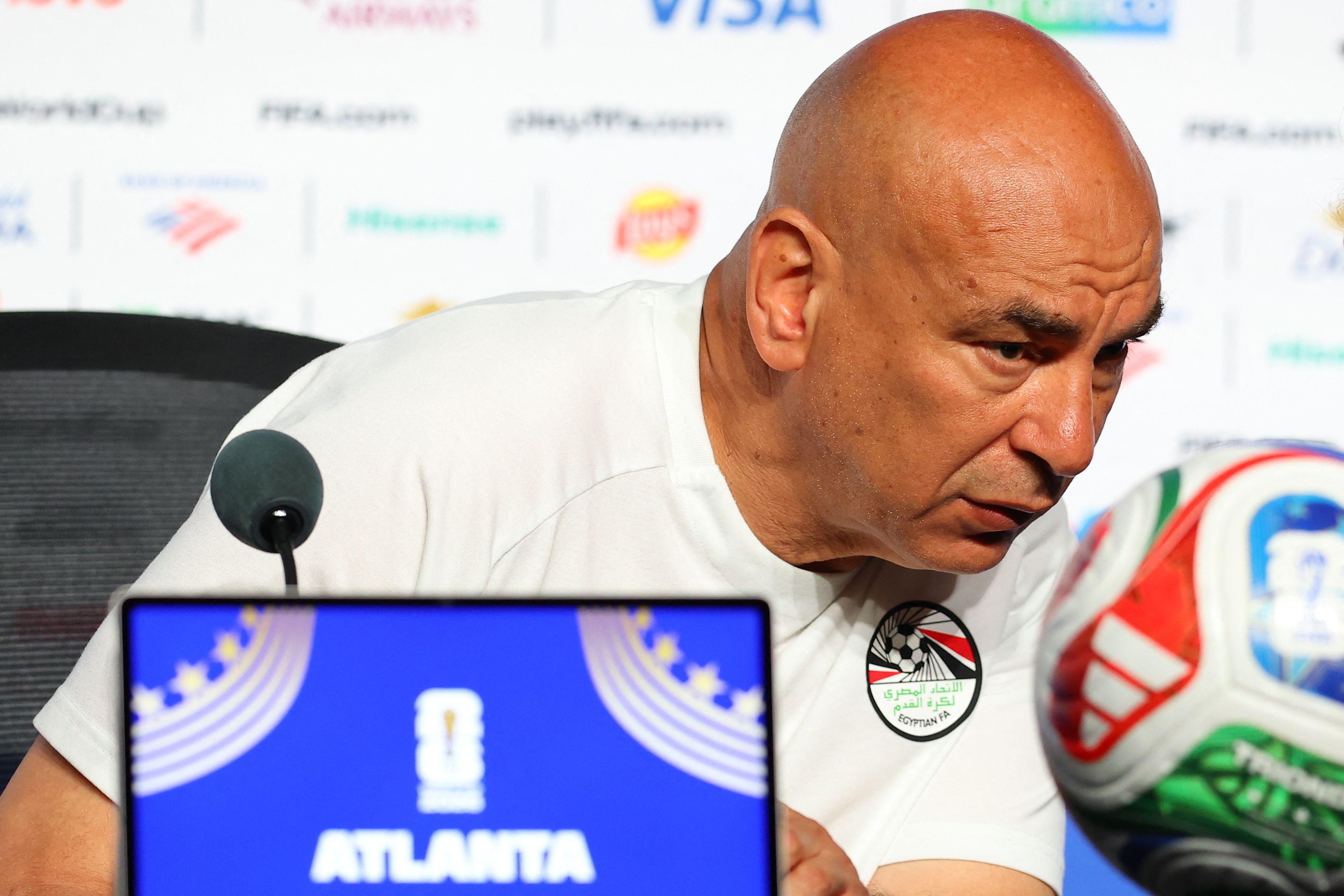 ATLANTA, GEORGIA- JULY 6: Head coach Hossam Hassan of Egypt speaks during a press conference one day ahead of the FIFA World Cup 2026 round of sixteen between Argentina and Egypt at Atlanta Stadium on July 6, 2026 in Atlanta, Georgia. Alejandro Pagni/Getty Images/AFP (Photo by ALEJANDRO PAGNI / GETTY IMAGES NORTH AMERICA / Getty Images via AFP)