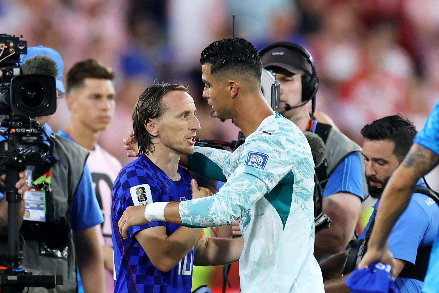 TORONTO, ONTARIO - JULY 02: Luka Modric #10 of Croatia congratulates Cristiano Ronaldo #7 of Portugal after the 2-1 win during the FIFA World Cup 2026 Round of 32 match between Portugal and Croatia at Toronto Stadium on July 02, 2026 in Toronto, Ontario.   Buda Mendes/Getty Images/AFP (Photo by Buda Mendes / GETTY IMAGES NORTH AMERICA / Getty Images via AFP)