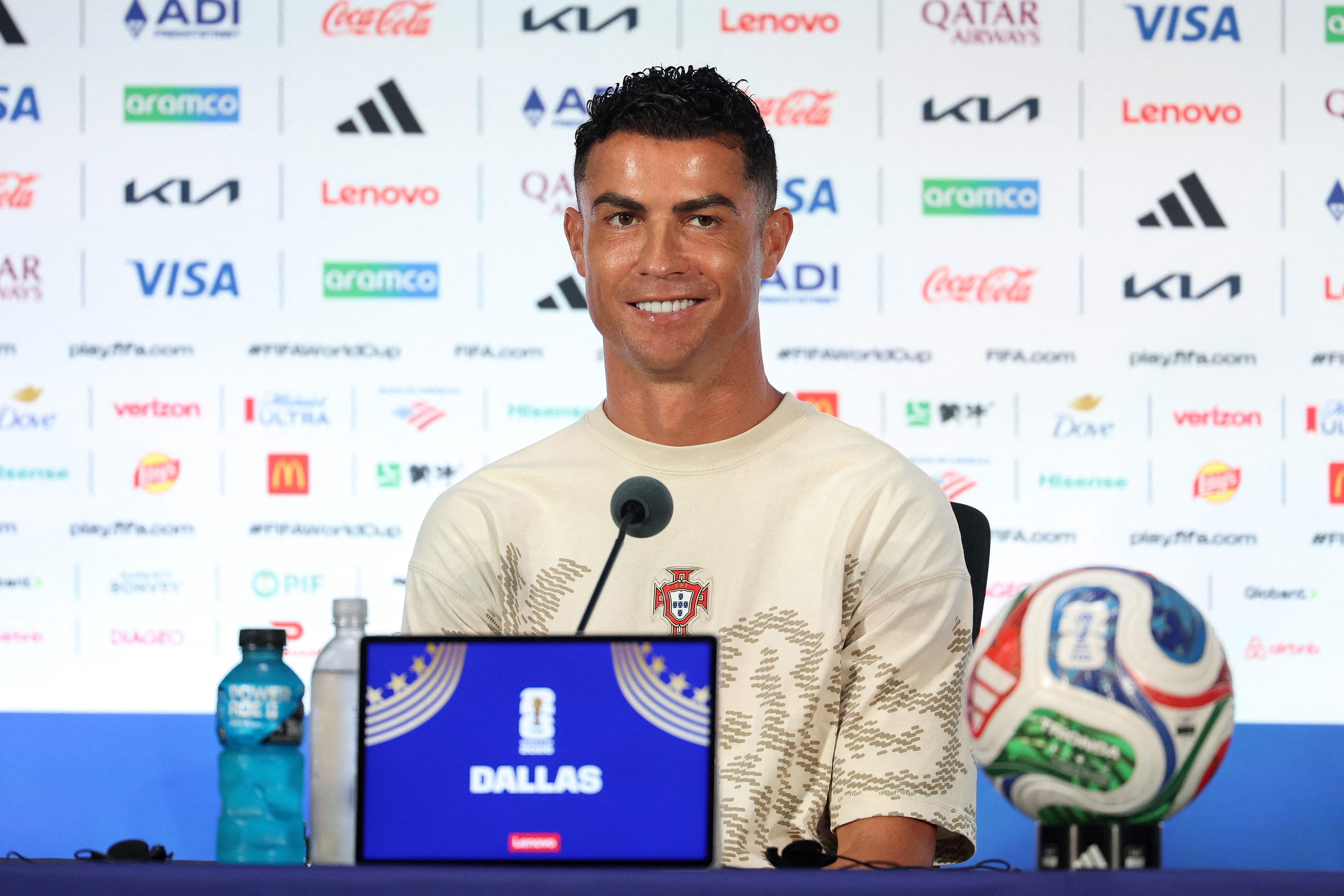 ARLINGTON, TEXAS - JULY 05: Cristiano Ronaldo #7 of Portugal speaks to the media during the press conference of Winner Match 83 one day ahead of the FIFA World Cup 2026 Round Of 16 match between Winner Match 83 and Winner Match 84 at Dallas Stadium on July 05, 2026 in Arlington, Texas.   Stacy Revere/Getty Images/AFP (Photo by Stacy Revere / GETTY IMAGES NORTH AMERICA / Getty Images via AFP)