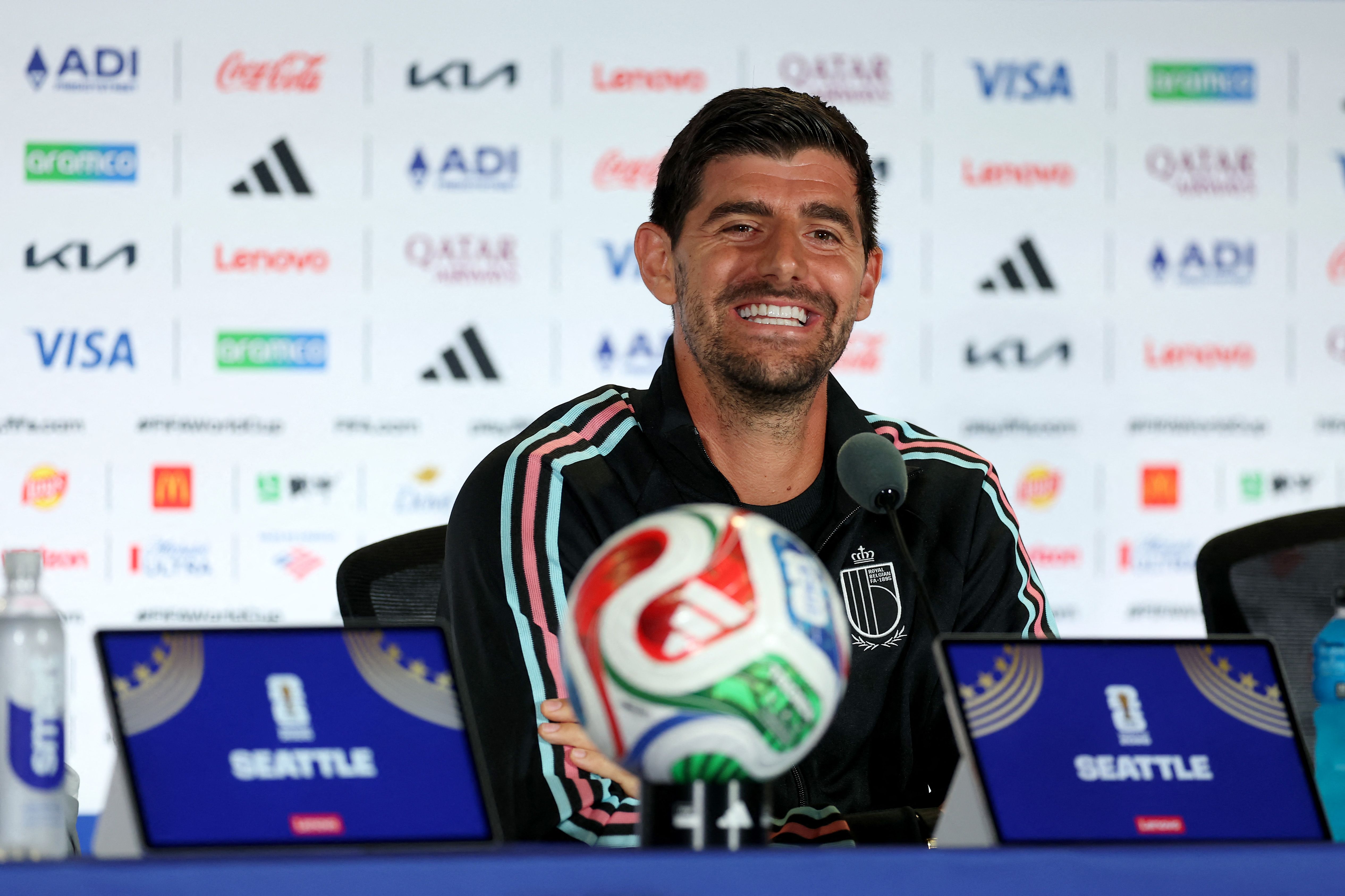 SEATTLE, WASHINGTON - JULY 05: Thibaut Courtois #1 of Belgium attends a press conference of Winner Match 82 one day ahead of the FIFA World Cup 2026 Round Of 16 match between Winner Match 81 and Winner Match 82 at Seattle Stadium on July 05, 2026 in Seattle, Washington. Jamie Squire/Getty Images/AFP (Photo by JAMIE SQUIRE / GETTY IMAGES NORTH AMERICA / Getty Images via AFP)