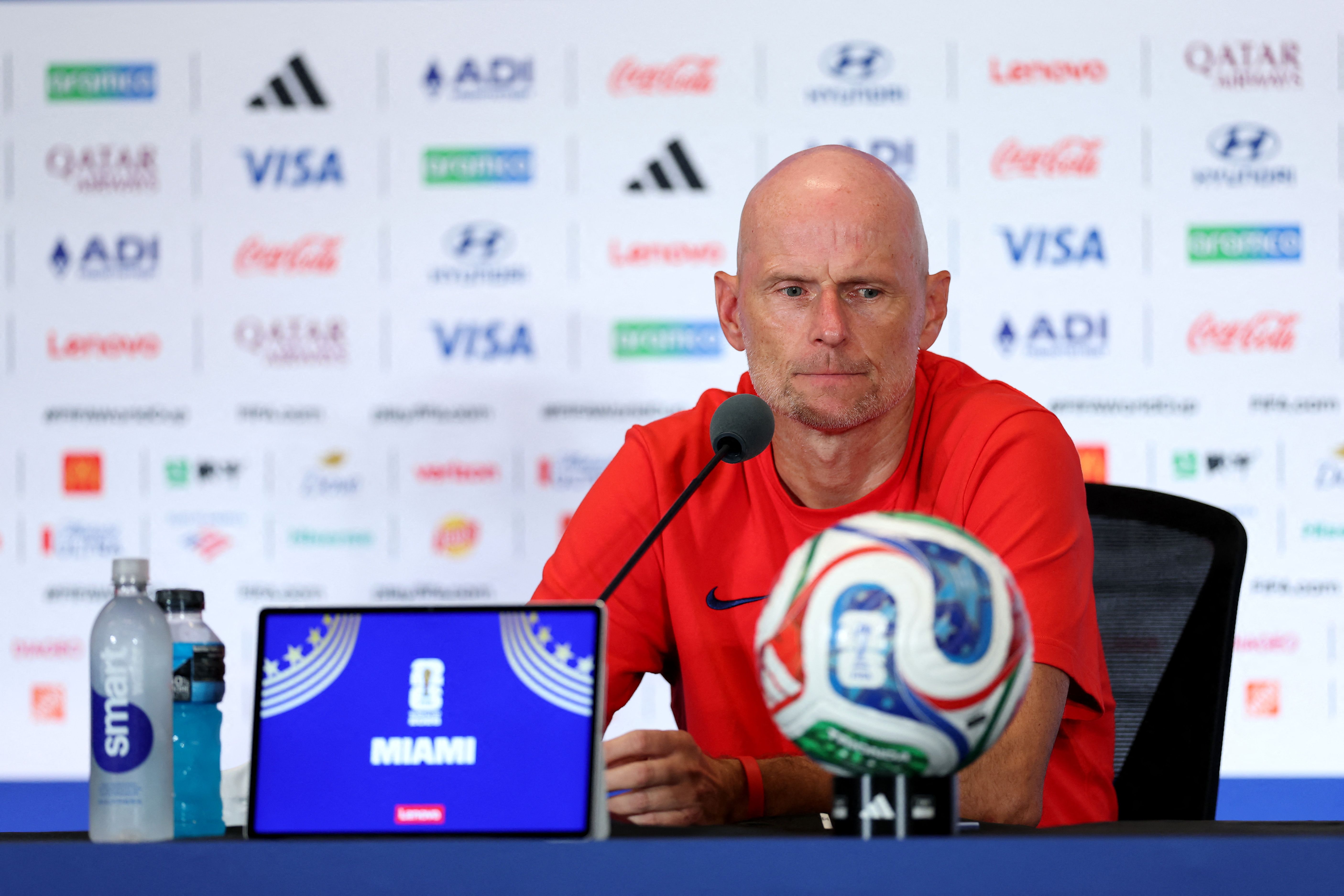MIAMI GARDENS, FLORIDA - JULY 10: Stale Solbakken, Head Coach of Norway, attends a press conference one day ahead of the FIFA World Cup 2026 Quarter Final match at Miami Stadium on July 10, 2026 in Miami Gardens, Florida. Justin Setterfield/Getty Images/AFP (Photo by Justin Setterfield / GETTY IMAGES NORTH AMERICA / Getty Images via AFP)