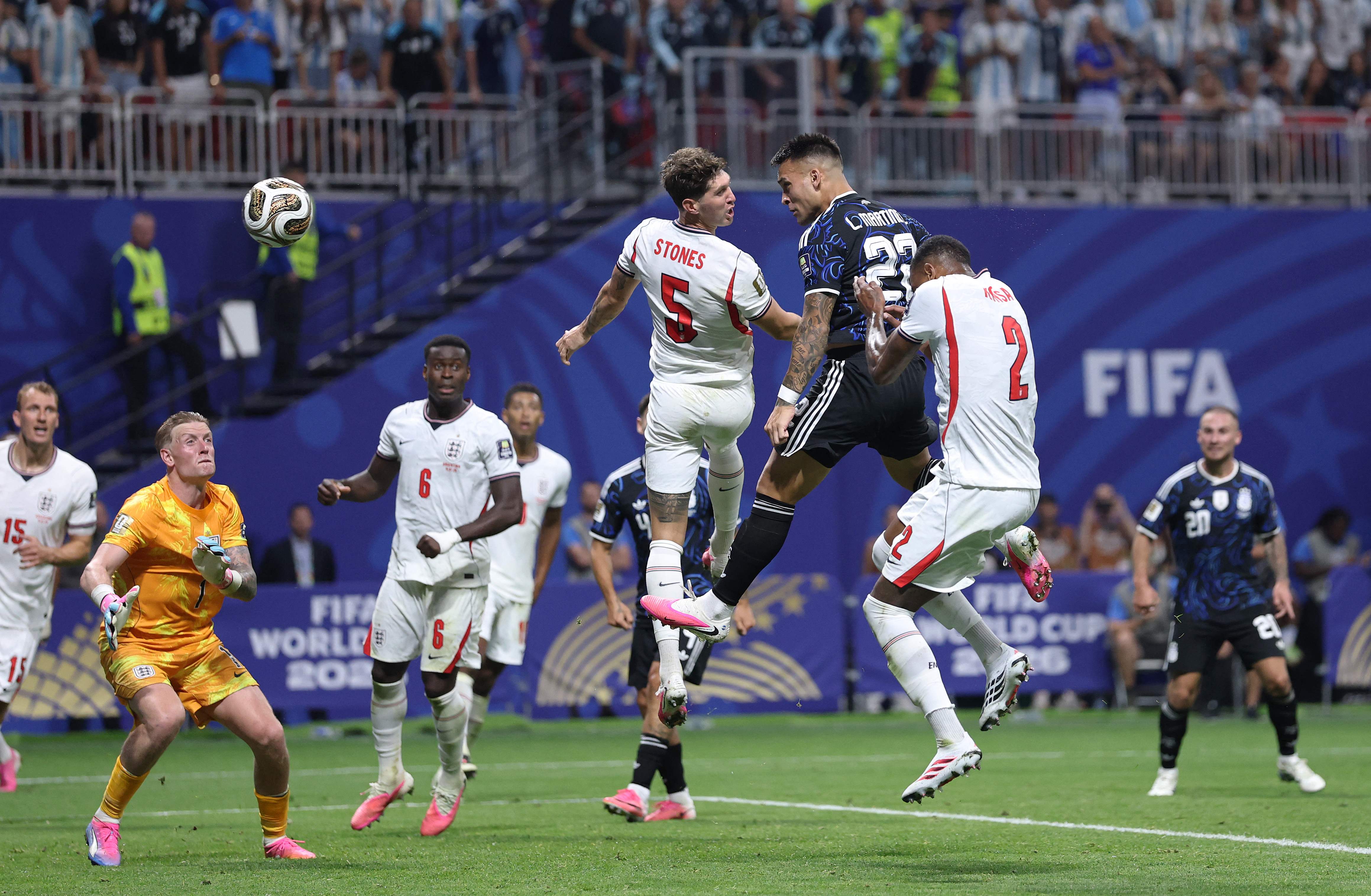 ATLANTA, GEORGIA - JULY 15: Lautaro Martinez #22 of Argentina scores his team's second goal during the FIFA World Cup 2026 Semi Final match between England and Argentina at Atlanta Stadium on July 15, 2026 in Atlanta, Georgia. Buda Mendes/Getty Images/AFP (Photo by Buda Mendes / GETTY IMAGES NORTH AMERICA / Getty Images via AFP)