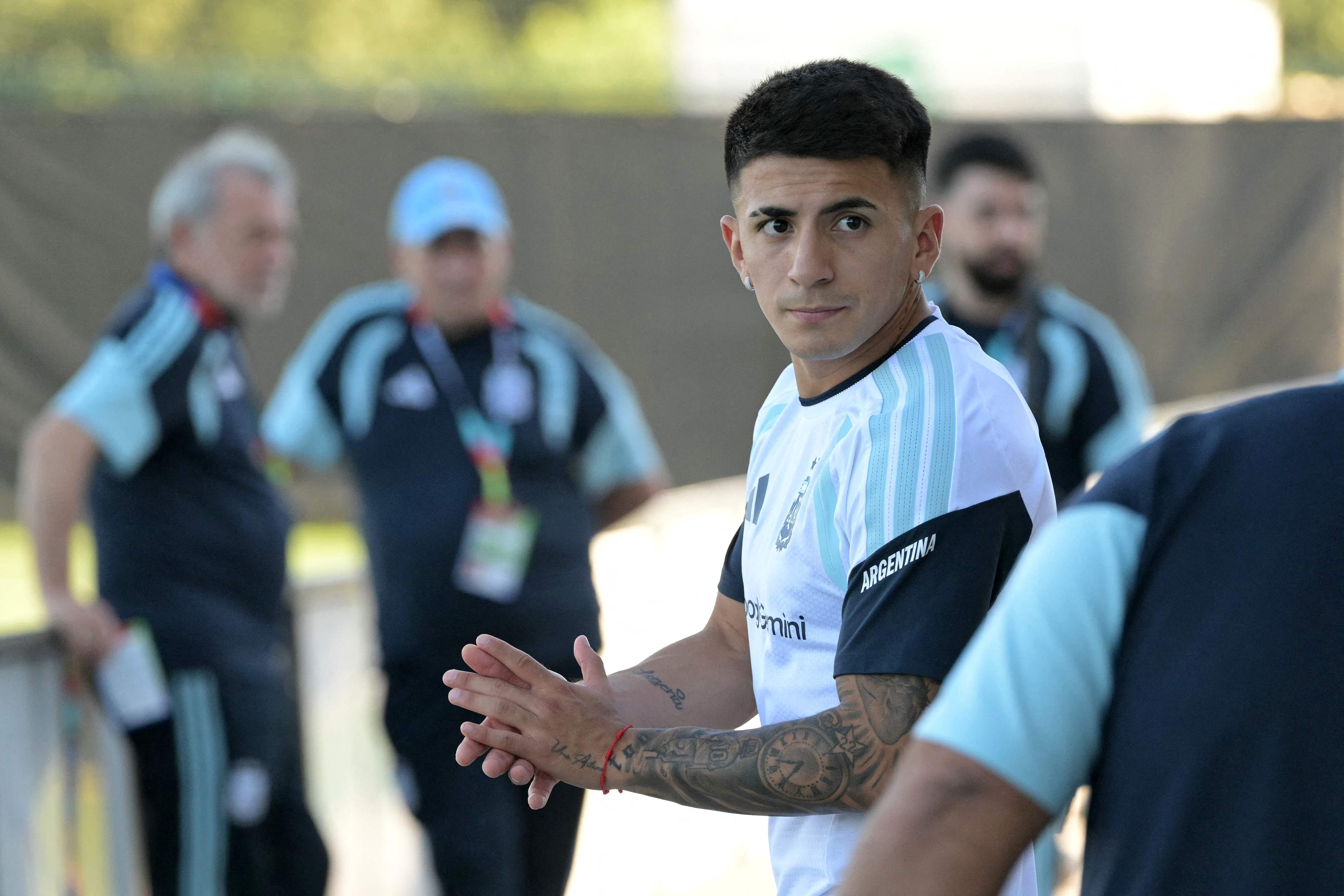 Argentina's forward Thiago Almada arrives for a training session during the 2026 World Cup football tournament at Sporting KC Training Centre in Kansas City on June 11, 2026. (Photo by JUAN MABROMATA / AFP)