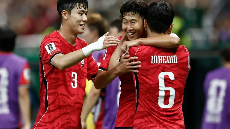 South Korea's midfielder #06 Hwang In-beom celebrates scoring his team's first goal with teammates defender #03 Lee Gi-hyuk and forward #07 Son Heung-min during the 2026 World Cup Group A football match between South Korea and the Czech Republic at the Guadalajara Stadium in Zapopan on June 11, 2026. (Photo by Ulises RUIZ / AFP)