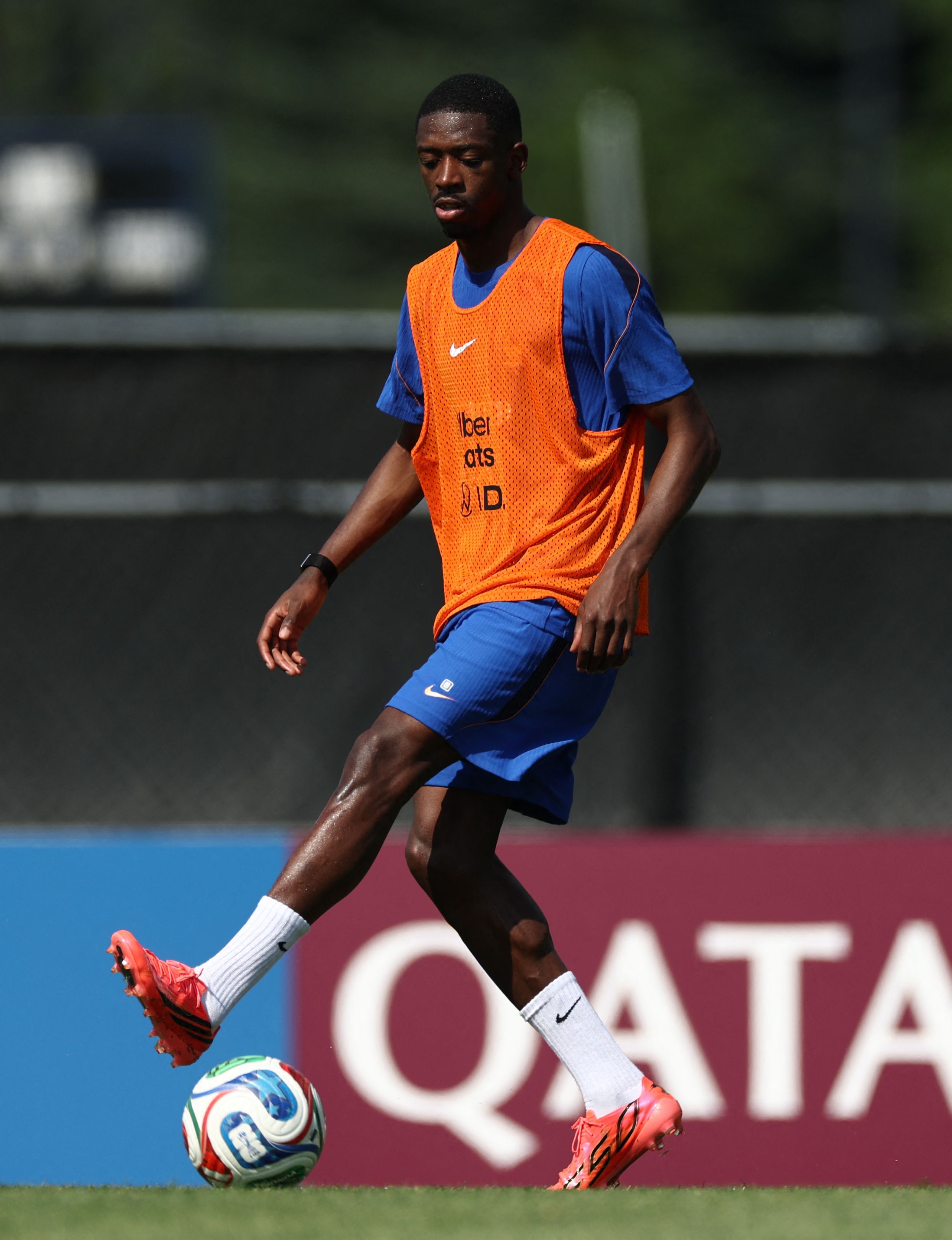 France's forward #07 Ousmane Dembele takes part in a training session at Bentley University, the team's base camp, during the 2026 World Cup football tournament in Waltham, near Boston, on June 12, 2026. (Photo by FRANCK FIFE / AFP)
