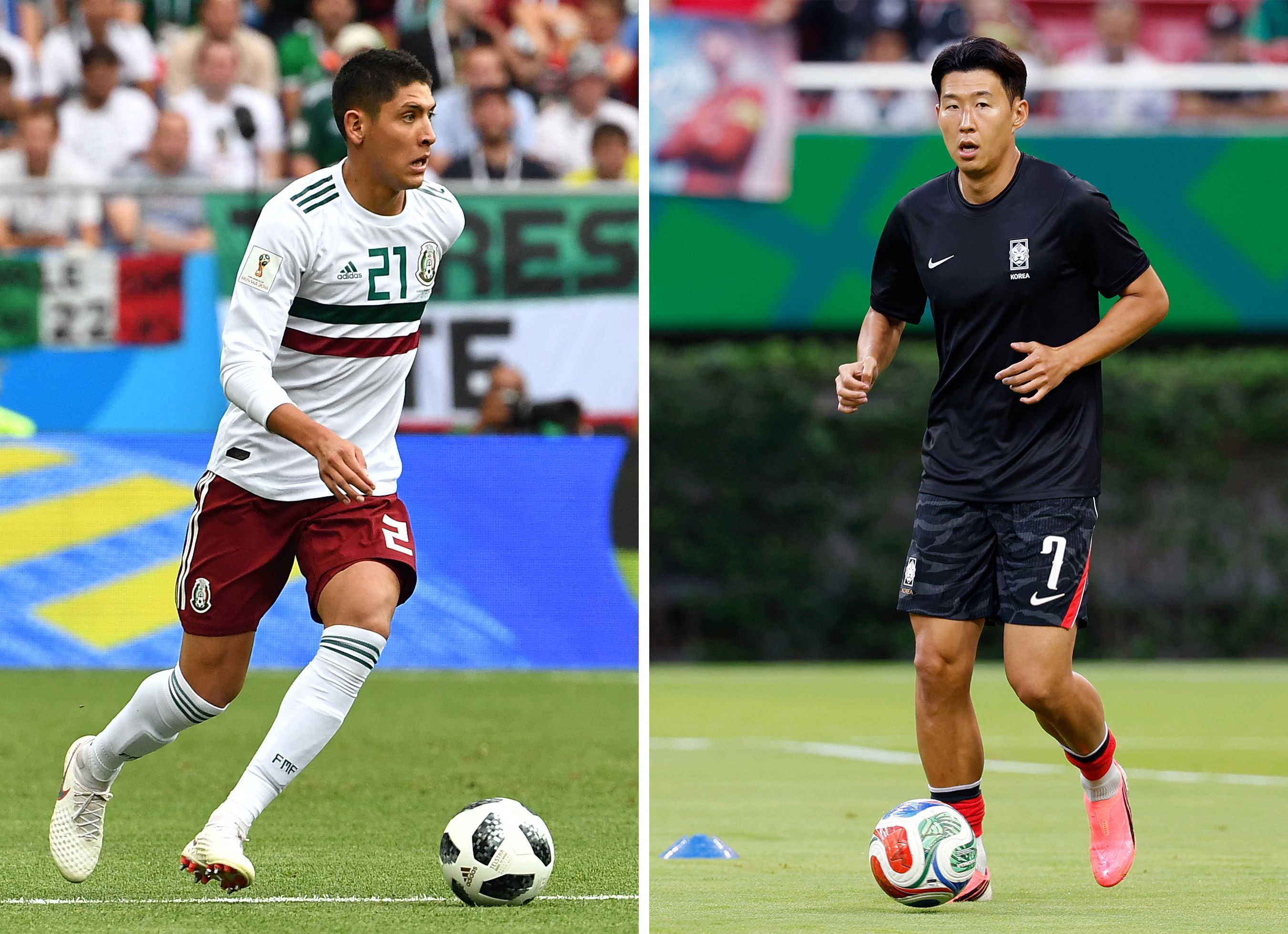 (COMBO) This combination of file photos created on June 16, 2026, shows Mexico's defender Edson Alvarez in Rostov-On-Don on June 23, 2018 (L);  and South Korea's forward #07 Son Heung-min in Zapopan on June 11, 2026. Mexico and South Korea will meet a 2026 World Cup Group A football match at the Guadalajara Stadium in Zapopan on June 18, 2026. (Photo by Joe KLAMAR and Ulises RUIZ / AFP)