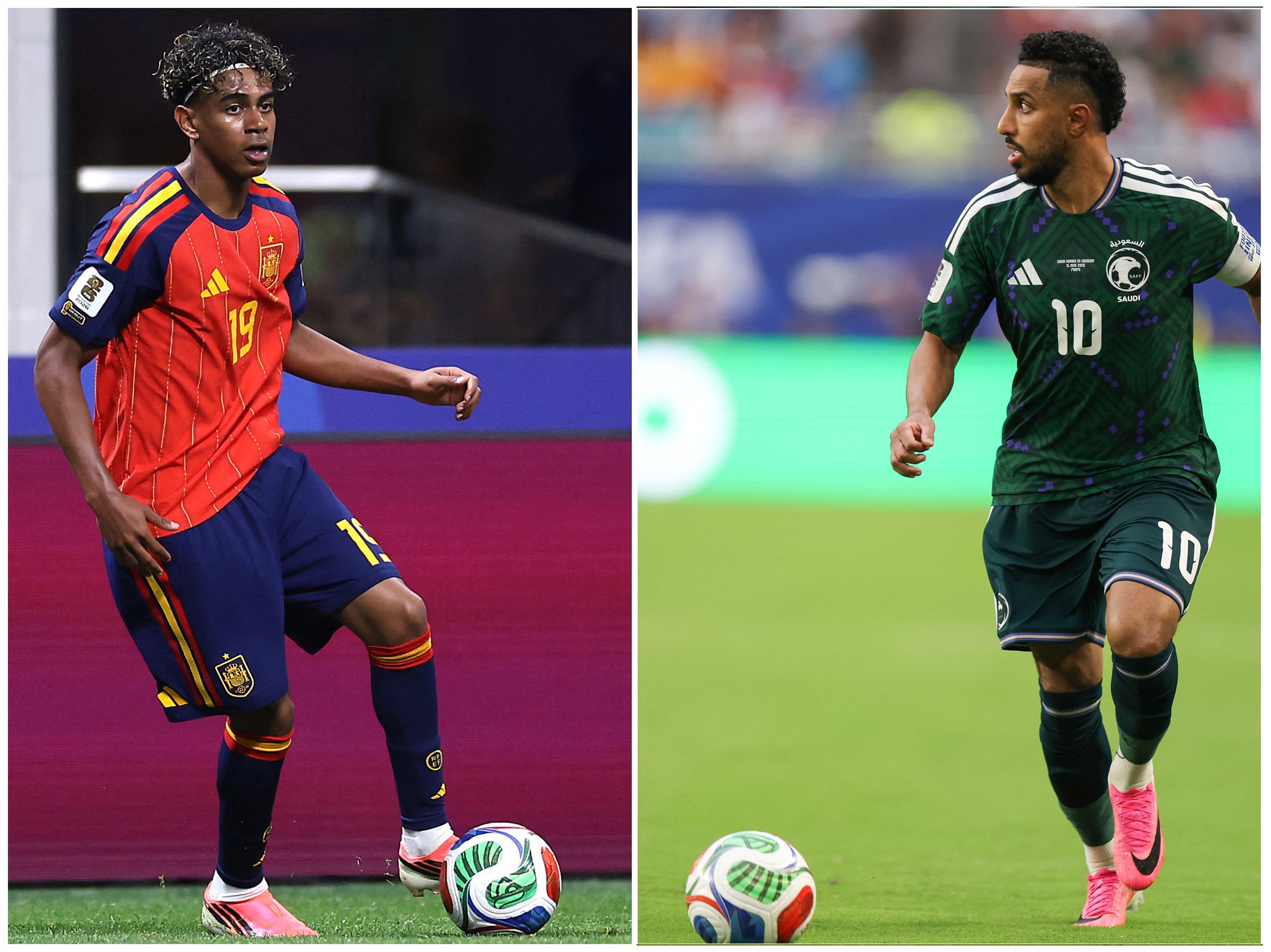 This combination of file pictures created on June 19, 2026 shows Spain's forward #19 Lamine Yamal (L) in Atlanta on June 15, 2026 and Saudi Arabia's forward #10 Salem Al-Dawsari (R) in Miami on June 15, 2026. Spain and Saudi Arabia are set to face each other in the Group H of the 2026 World Cup football tournament on June 21, 2026 at Boston stadium. (Photo by Buda Mendes and Patricia DE MELO MOREIRA / various sources / AFP)
