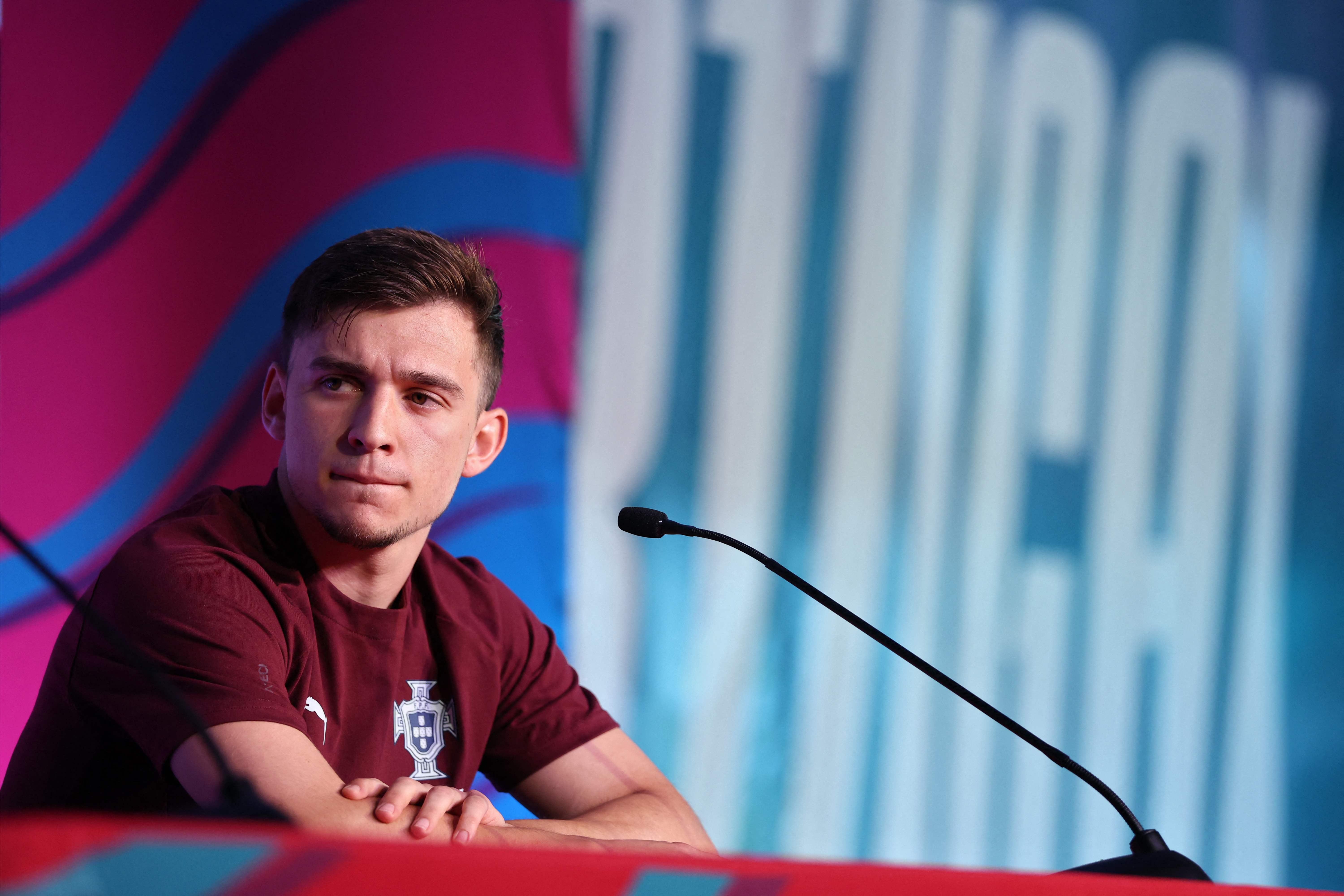 Portugal's forward #26 Francisco Conceicao gives a press conference at the Gardens North County District Park in Palm Beach Gardens, Florida on June 21, 2026, during the 2026 World Cup football tournament.  (Photo by PATRICIA DE MELO MOREIRA / AFP)
