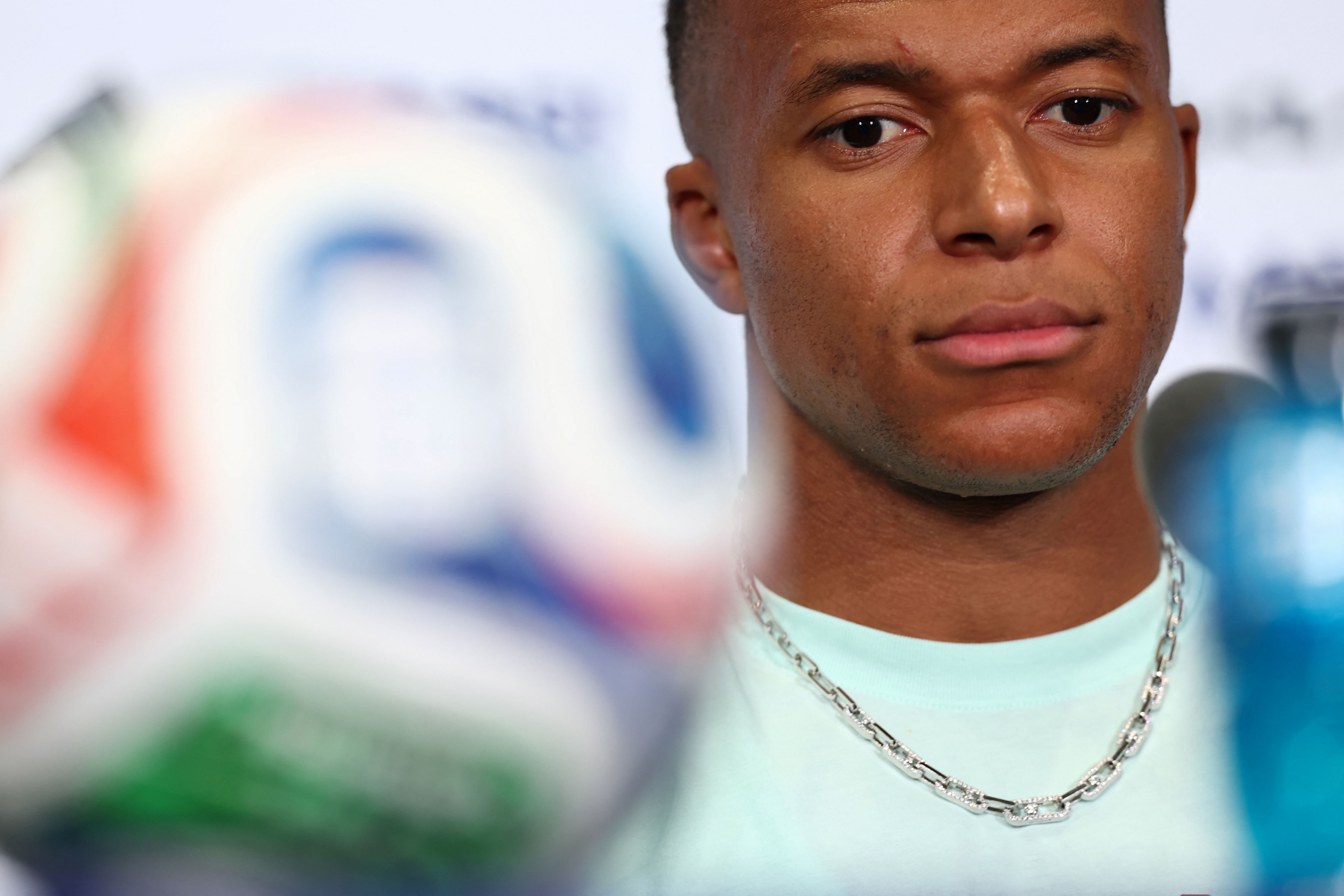 France's forward #10 Kylian Mbappe gives an MD-1 press conference at the Philadelphia Stadium in Philadelphia on June 21, 2026, on the eve of the 2026 World Cup Group I football match between France and Iraq.  (Photo by Franck FIFE / AFP)