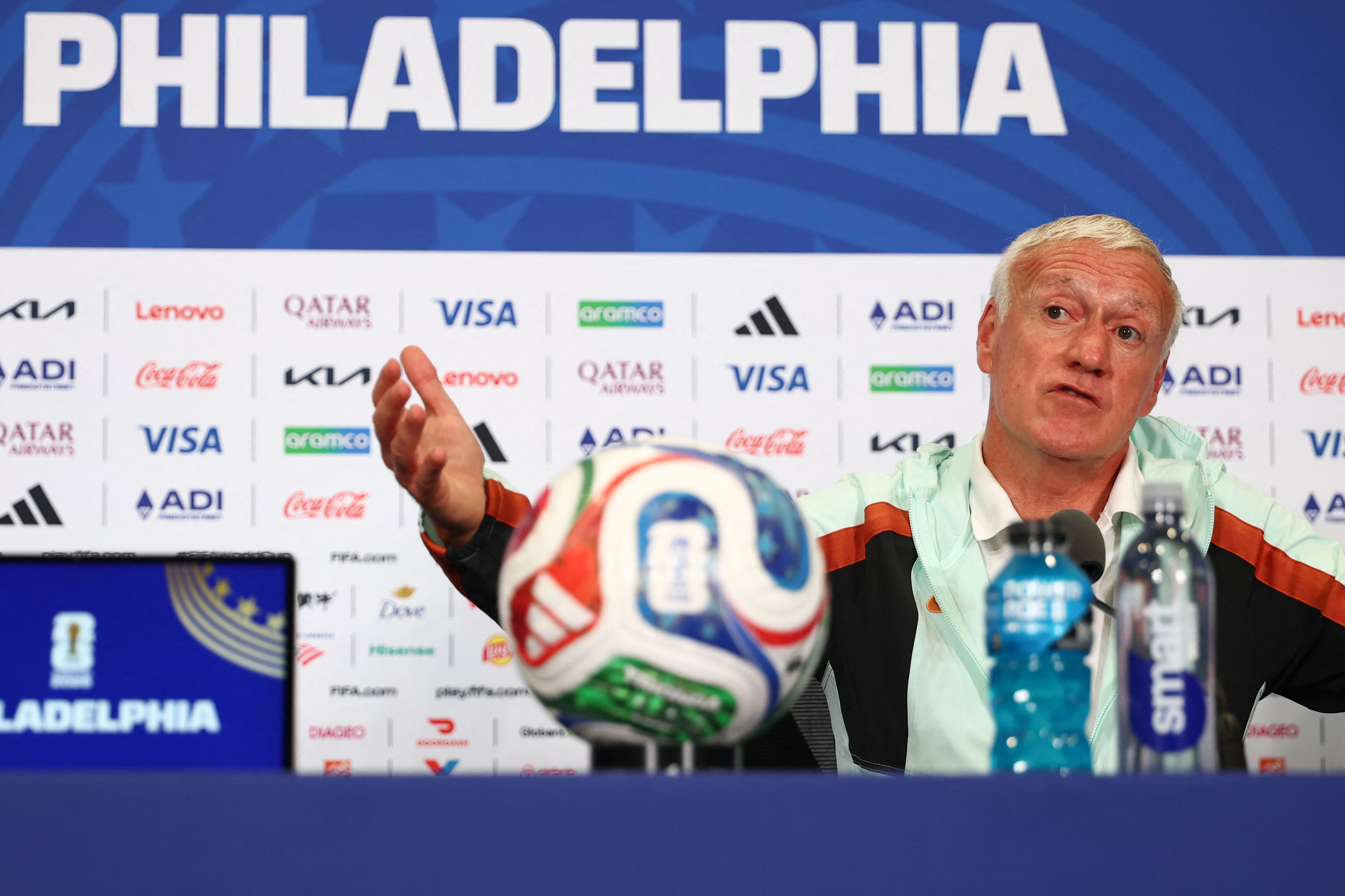 France's head coach Didier Deschamps gives an MD-1 press conference at the Philadelphia Stadium in Philadelphia on June 21, 2026, on the eve of the 2026 World Cup Group I football match between France and Iraq.  (Photo by Franck FIFE / AFP)