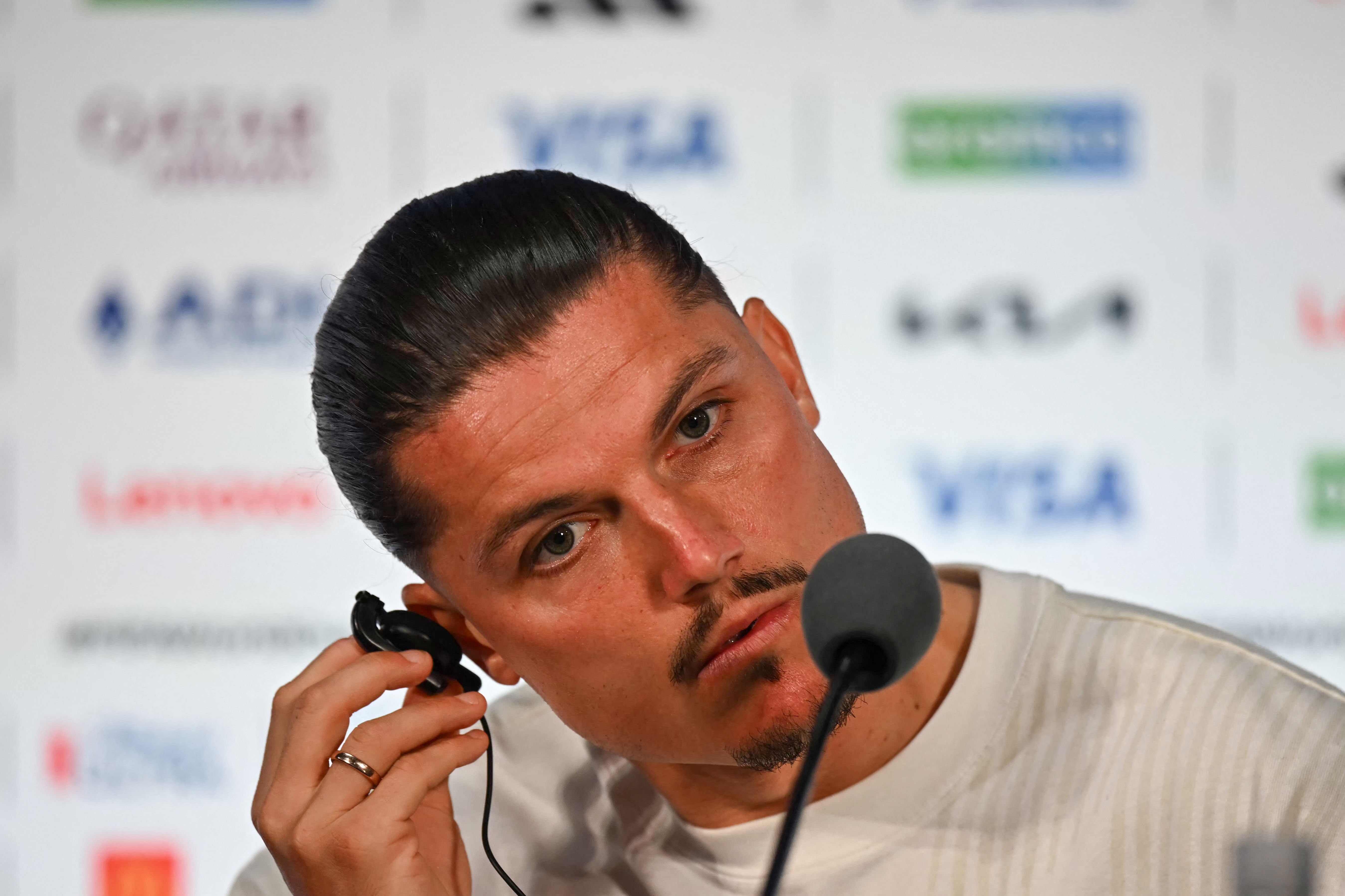 Austria's midfielder #09 Marcel Sabitzer gives an MD-1 press conference at the Dallas Stadium in Arlington on June 21, 2026, on the eve of the 2026 World Cup Group J football match between Argentina and Austria. (Photo by Paul ELLIS / AFP)