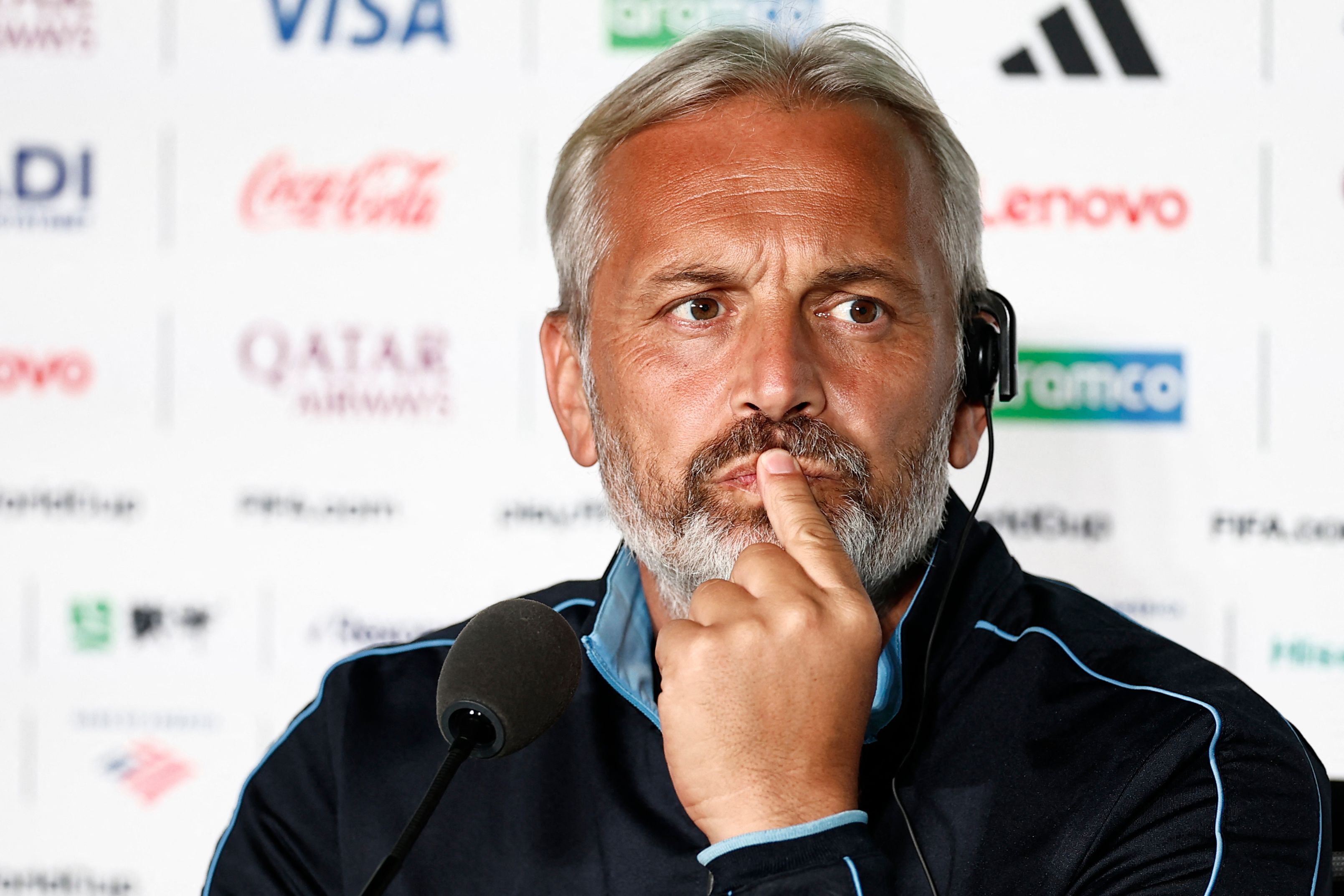 Congo DR's French head coach Sebastien Desabre gives a press conference at the Guadalajara Stadium in Guadalajara, Mexico on June 22, 2026, on the eve of the 2026 World Cup football tournament match between Colombia and DR Congo. (Photo by Ulises RUIZ / AFP)