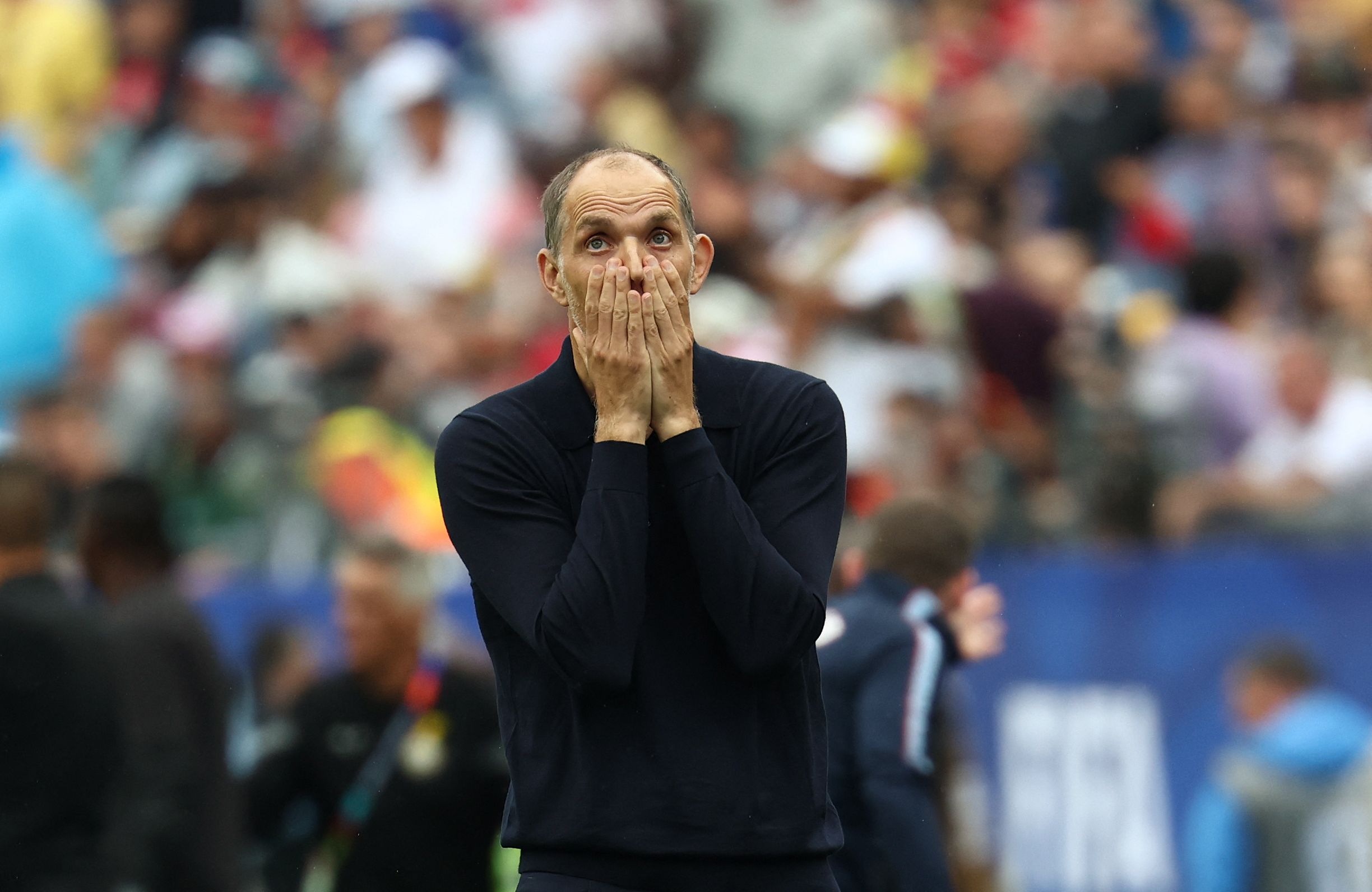 TOPSHOT - England's German head coach Thomas Tuchel reacts  during the 2026 World Cup Group L football match between England and Ghana at the Boston Stadium in Foxborough on June 23, 2026.  (Photo by FRANCK FIFE / AFP)