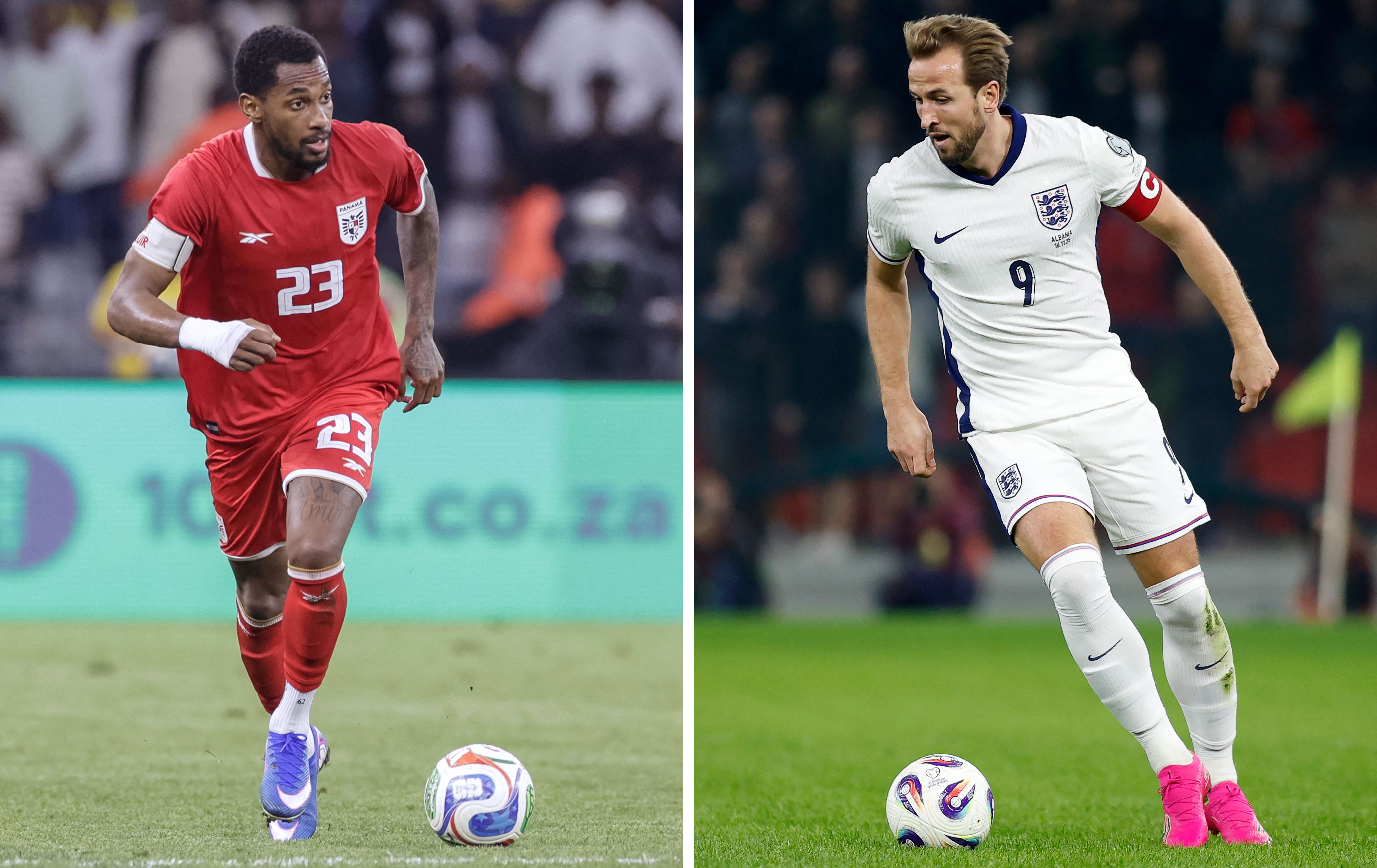 (COMBO) This combination of file photos created on June 25, 2026, shows Panama's defender #23 Michael Amir Murillo in Cape Town on March 31, 2026 (L); and England's striker #09 Harry Kane in Tirana, on November 16, 2025. Panama and England will meet at the 2026 World Cup Group L football match at the New York/New Jersey Stadium in East Rutherford on June 27, 2026. (Photo by Gianluigi GUERCIA and Adnan BECI / AFP)