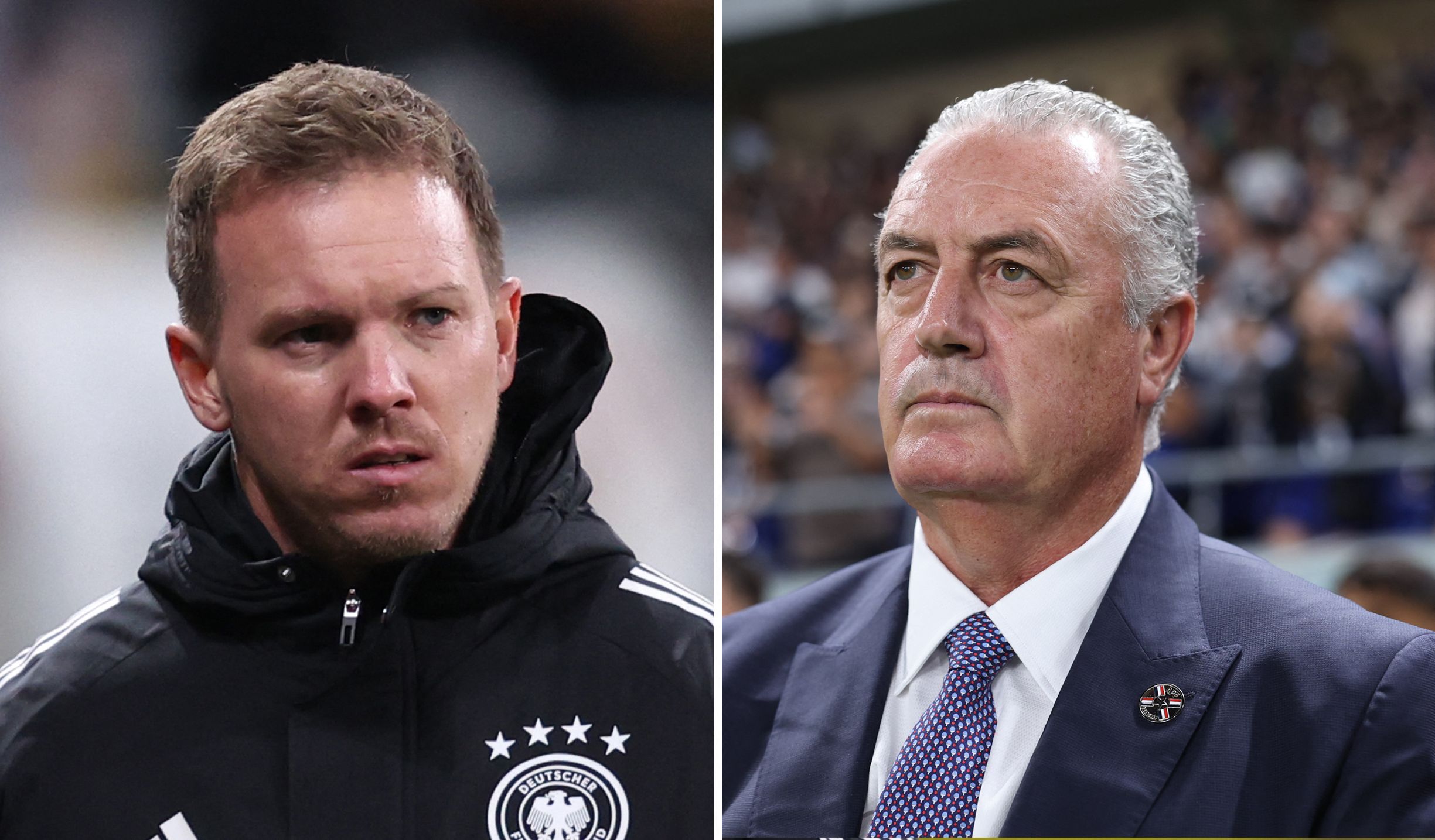 (COMBO) This combination of file photos created on June 28, 2026, shows Germany's head coach Julian Nagelsmann looking on ahead of the FIFA World Cup 2026 European qualification Group A football match between Germany and Slovakia, at the Red Bull Arena in Leipzig, eastern Germany on November 17, 2025 and Paraguay's coach Gustavo Alfaro standing for the national anthem before the international friendly football match between Japan and Paraguay at Panasonic Stadium in Suita, Osaka Prefecture on October 10, 2025. Germany and Paraguay will meet in a 2026 World Cup round of 32 football match at the Boston Stadium in Foxborough on June 29, 2026. (Photo by Ronny HARTMANN and Paul MILLER / AFP)