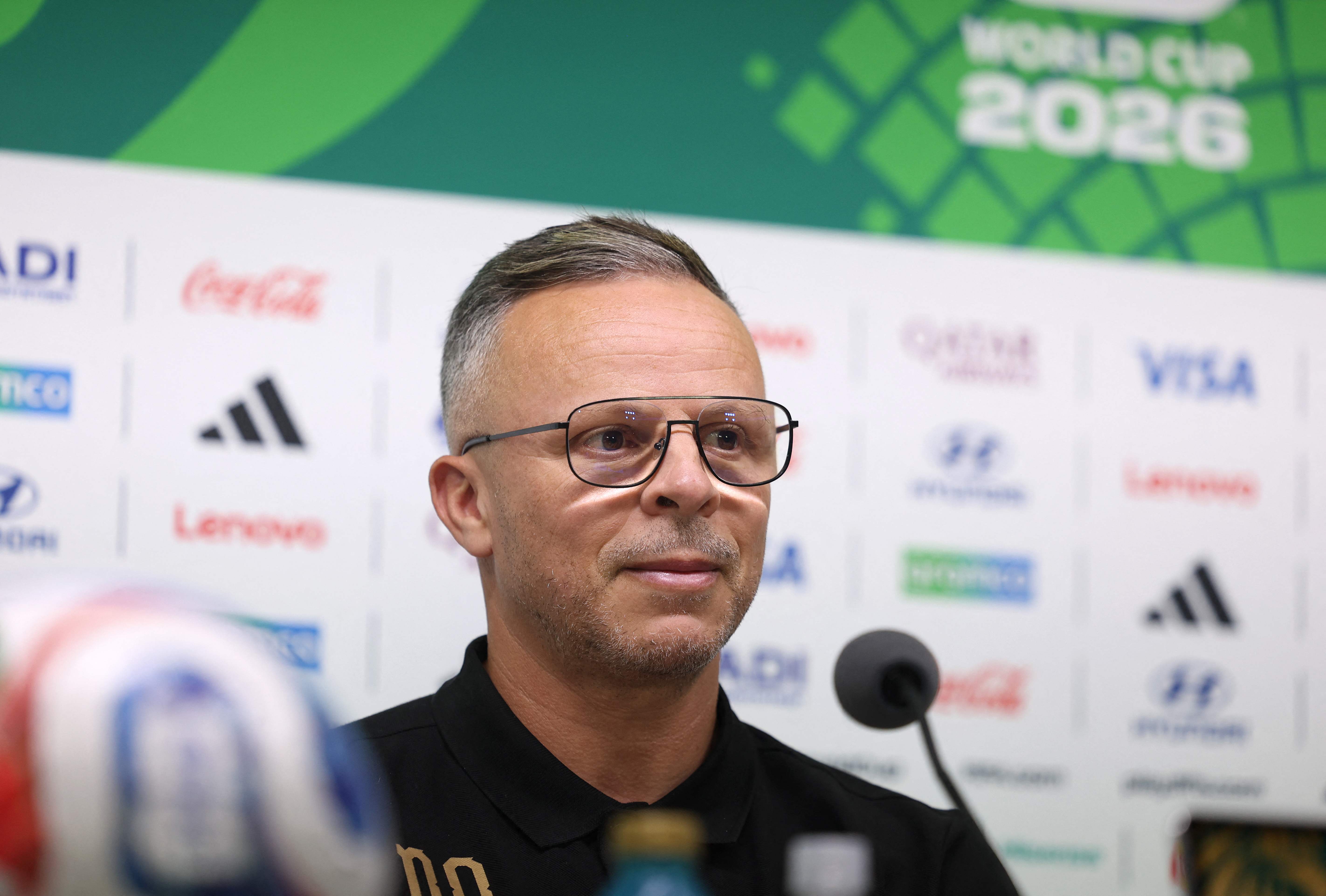 Morocco's head coach Mohamed Ouahbi gestures during a press conference on the eve of the 2026 World Cup Round of 32 football match between Morocco and the Netherlands at Monterrey stadium in Monterrey, Mexico on June 28, 2026.  (Photo by Julio Cesar AGUILAR / AFP)