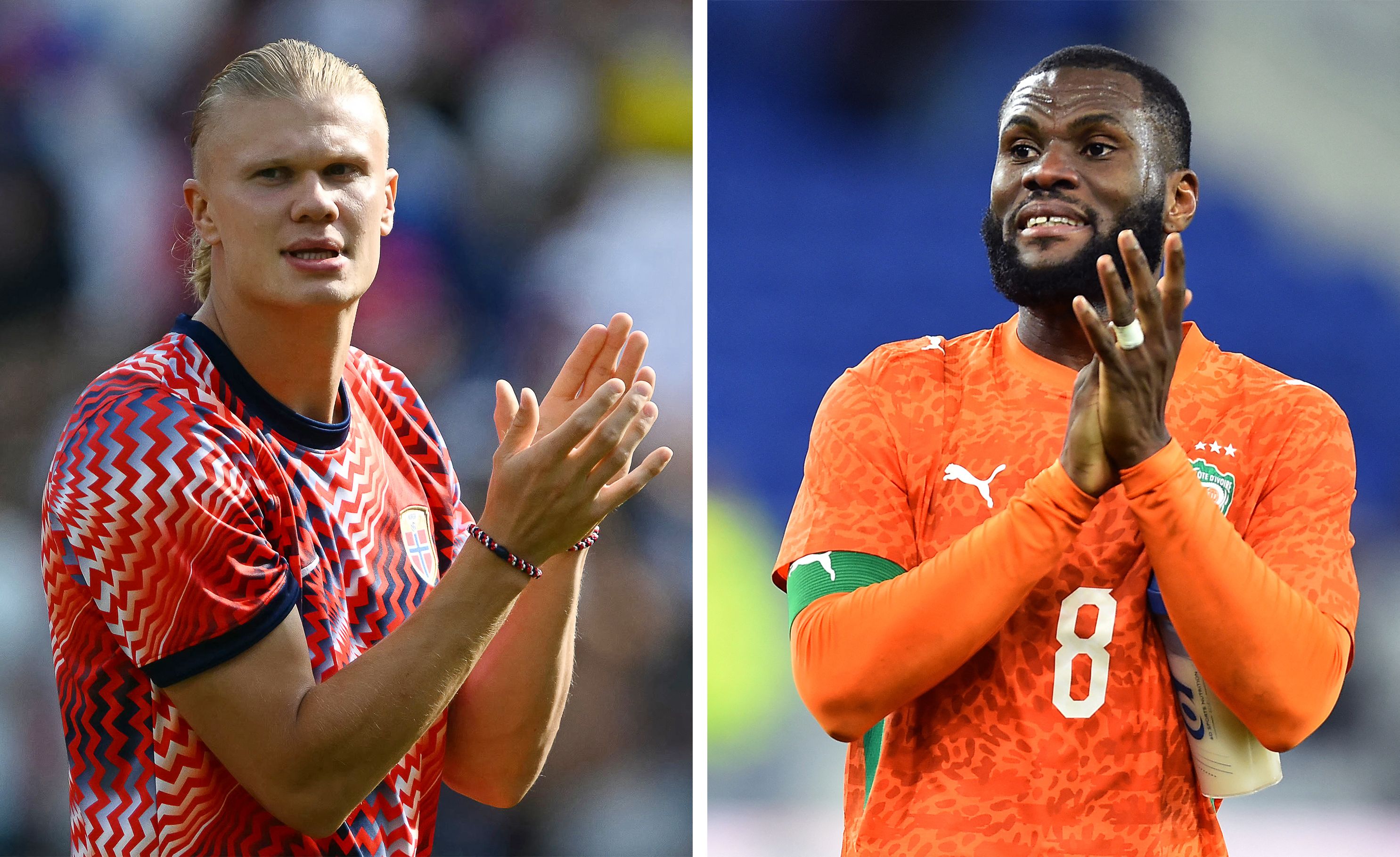 (COMBO) This combination of file photos created on June 29, 2026, shows Norway's forward #09 Erling Braut Haaland in Foxborough on June 26, 2026 (L); and Ivory Coast's midfielder #08 Franck Kessie in Liverpool on March 31, 2026. Ivory Coast and Norway will meet in a 2026 World Cup round of 32 football match at the Dallas Stadium in Arlington on June 30, 2026. (Photo by Mauro PIMENTEL and Peter POWELL / AFP)