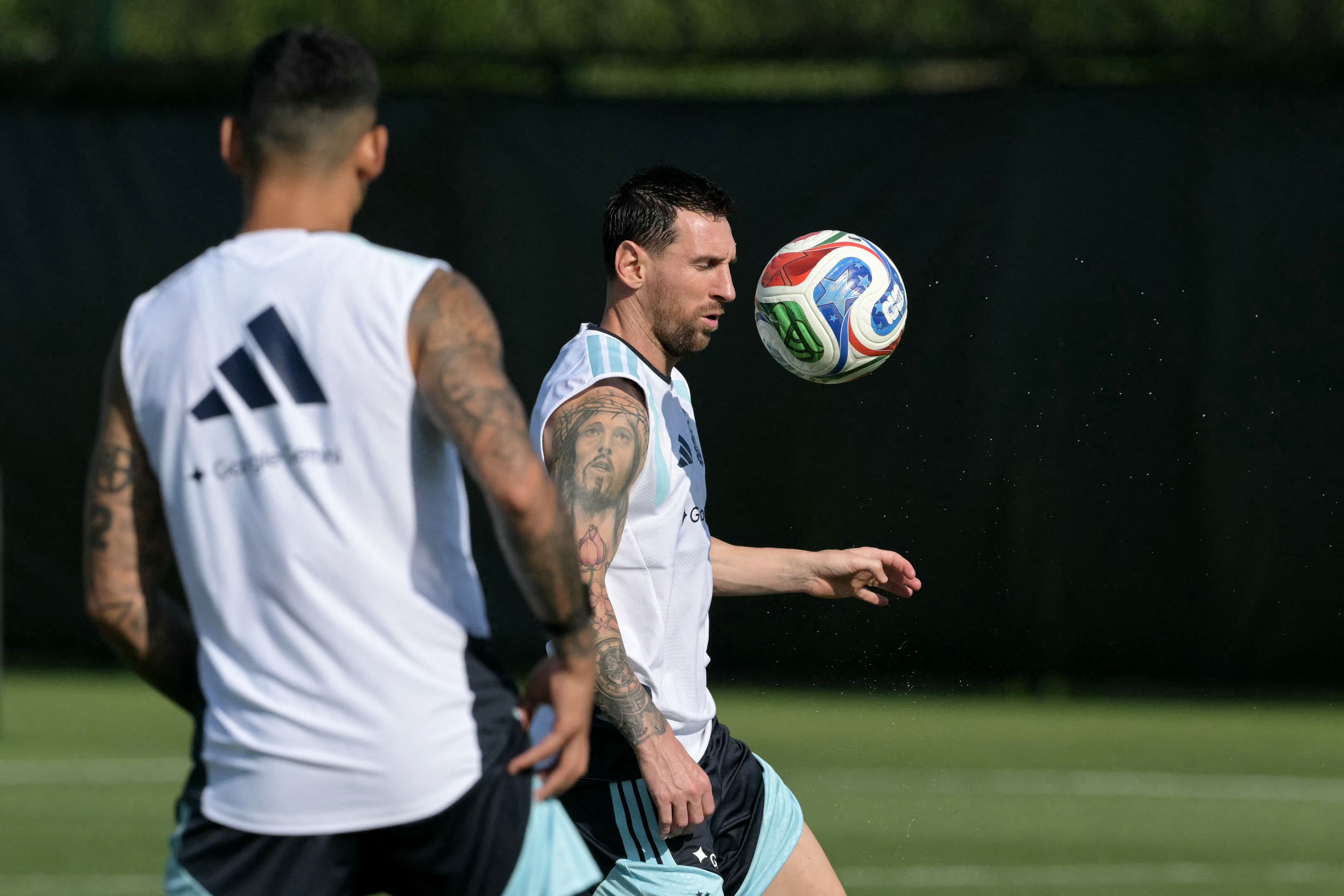 Argentina's forward #10 Lionel Messi takes part in a training session ahead of Argentina's 2026 World Cup football tournament round of 32 match against Cape Verde at Sporting KC Training Centre in Kansas City on June 29, 2026. (Photo by JUAN MABROMATA / AFP)