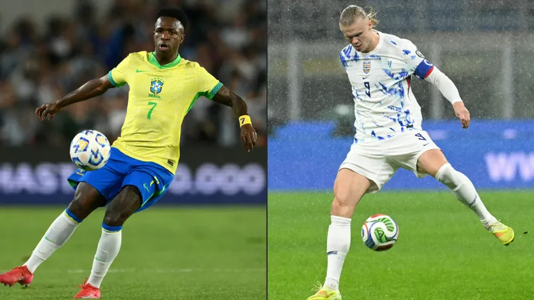 This combination of pictures created on July 03, 2026 shows Brazil's forward #07 Vinicius Jr controling the ball at the Mas Monumental stadium in Buenos Aires on March 25, 2025, and Norway's captain #09 Erling Braut Haaland controling the ball at the San Siro Stadium, in Milan, on November 16, 2025. Brazil and Norway will meet in a 2026 World Cup round of 16 football match at the New York/New Jersey Stadium in East Rutherford on July 5, 2026. (Photo by Luis ROBAYO and Stefano RELLANDINI / AFP)