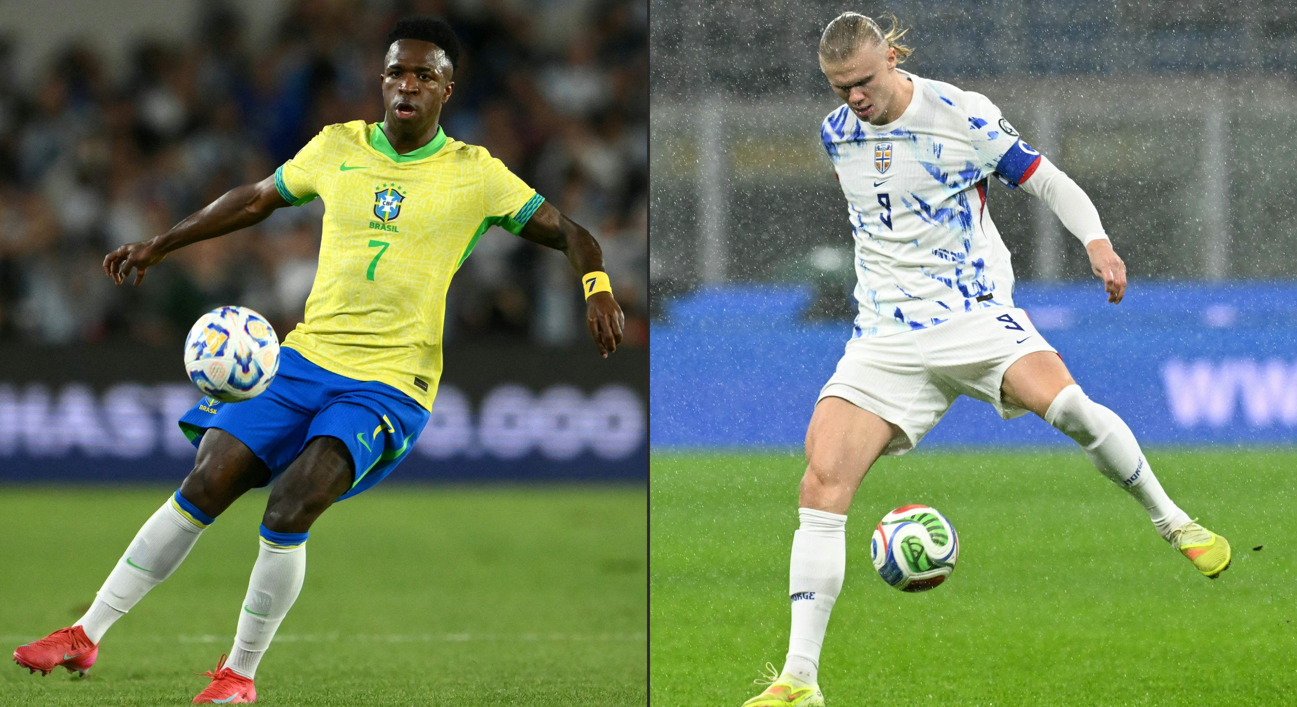 This combination of pictures created on July 03, 2026 shows Brazil's forward #07 Vinicius Jr controling the ball at the Mas Monumental stadium in Buenos Aires on March 25, 2025, and Norway's captain #09 Erling Braut Haaland controling the ball at the San Siro Stadium, in Milan, on November 16, 2025. Brazil and Norway will meet in a 2026 World Cup round of 16 football match at the New York/New Jersey Stadium in East Rutherford on July 5, 2026. (Photo by Luis ROBAYO and Stefano RELLANDINI / AFP)