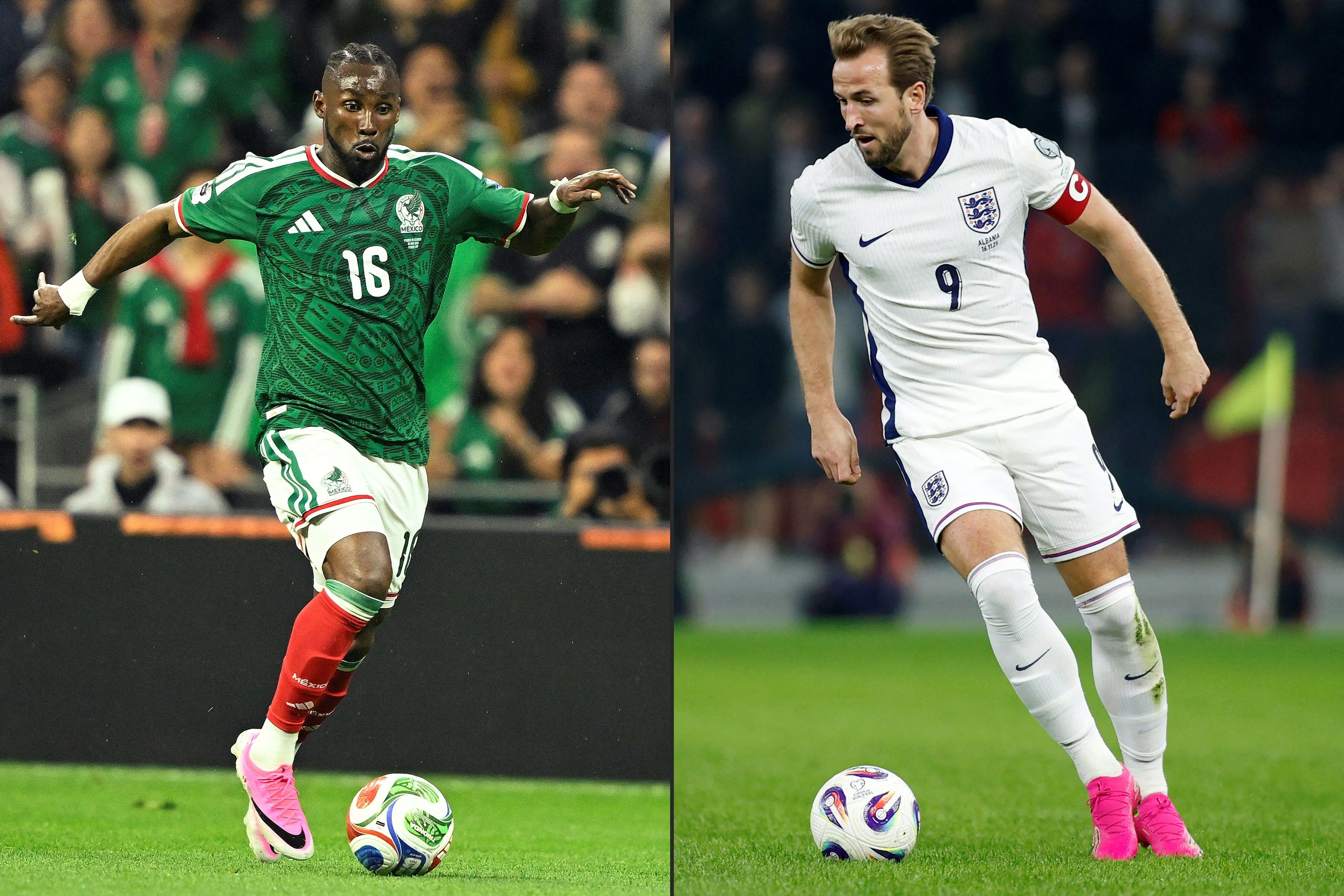 This combination of pictures created on July 03, 2026 shows Mexico's forward #16 Julian Quinones controling the ball at the Mexico City Stadium in Mexico City on June 30, 2026, and England's striker #09 Harry Kane controling the ball at the Air Albania stadium in Tirana, on November 16, 2025. Mexico and England will meet in a 2026 World Cup round of 16 football match at the Mexico City Stadium in Mexico City on July 5, 2026. (Photo by Alfredo ESTRELLA and Adnan Beci / AFP)