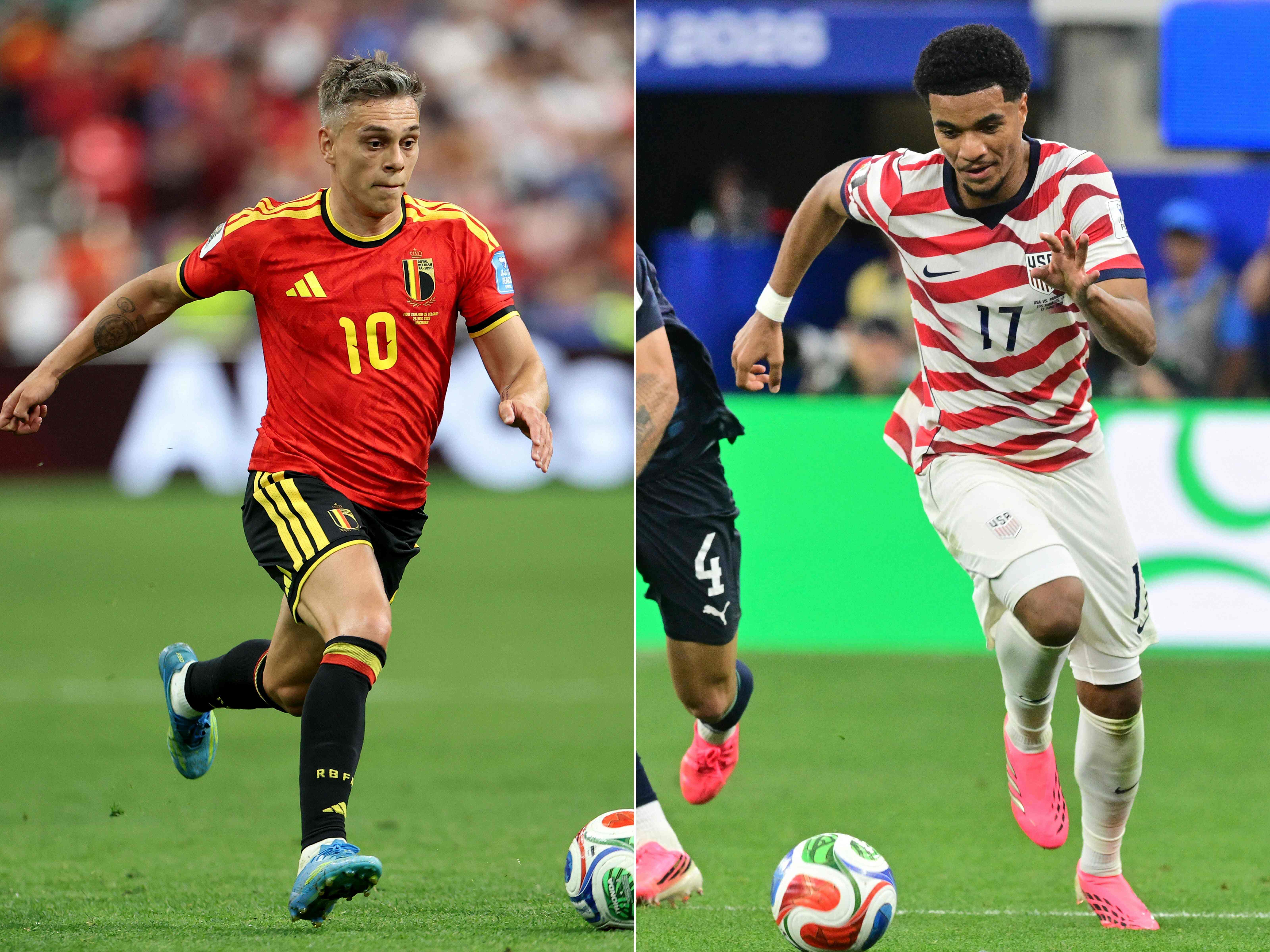 (COMBO) This combination of pictures created on July 04, 2026 shows Belgium's Leandro Trossard #10 on June 26, 2026 in Vancouver, British Columbia and US midfielder #17 Malik Tillman at the Los Angeles Stadium in Inglewood on June 12, 2026 during the World Cup 2026 football tournament. USA will face Belgium in their round of 16 World Cup 2026 match on July 6, 2026 in Seattle. (Photo by Emilee Chinn and Frederic J. BROWN / various sources / AFP)