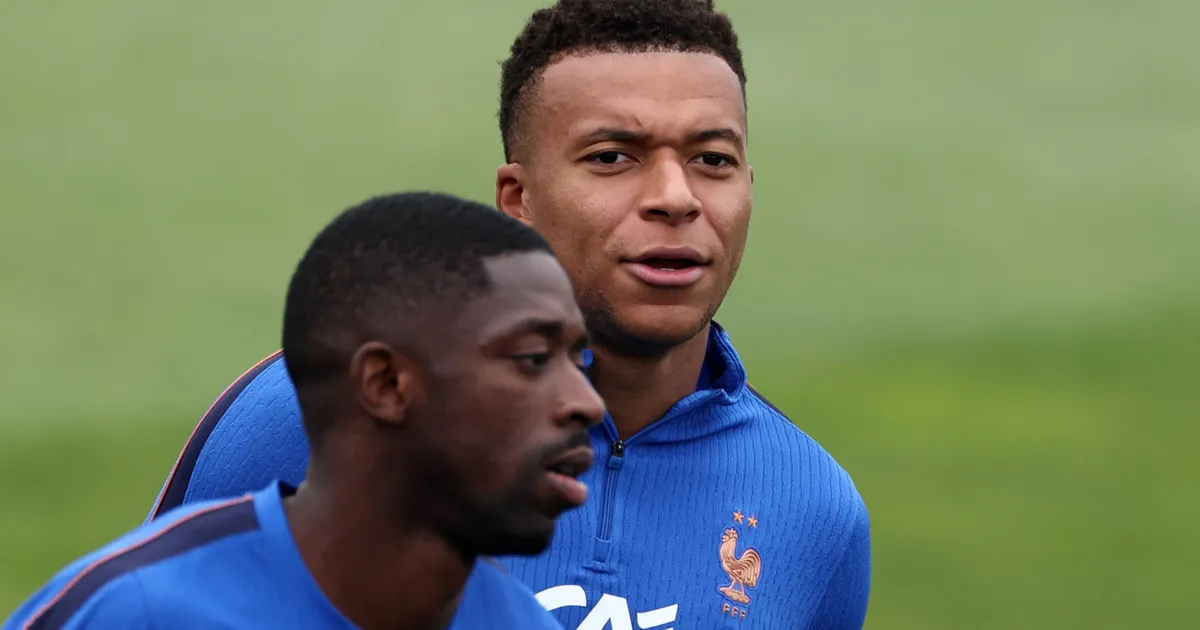France's forward #10 Kylian Mbappe and France's forward #07 Ousmane Dembele attend a training session at Bentley University in Waltham, near Boston, on July 07, 2026, during the 2026 World Cup football tournament. (Photo by FRANCK FIFE / AFP)