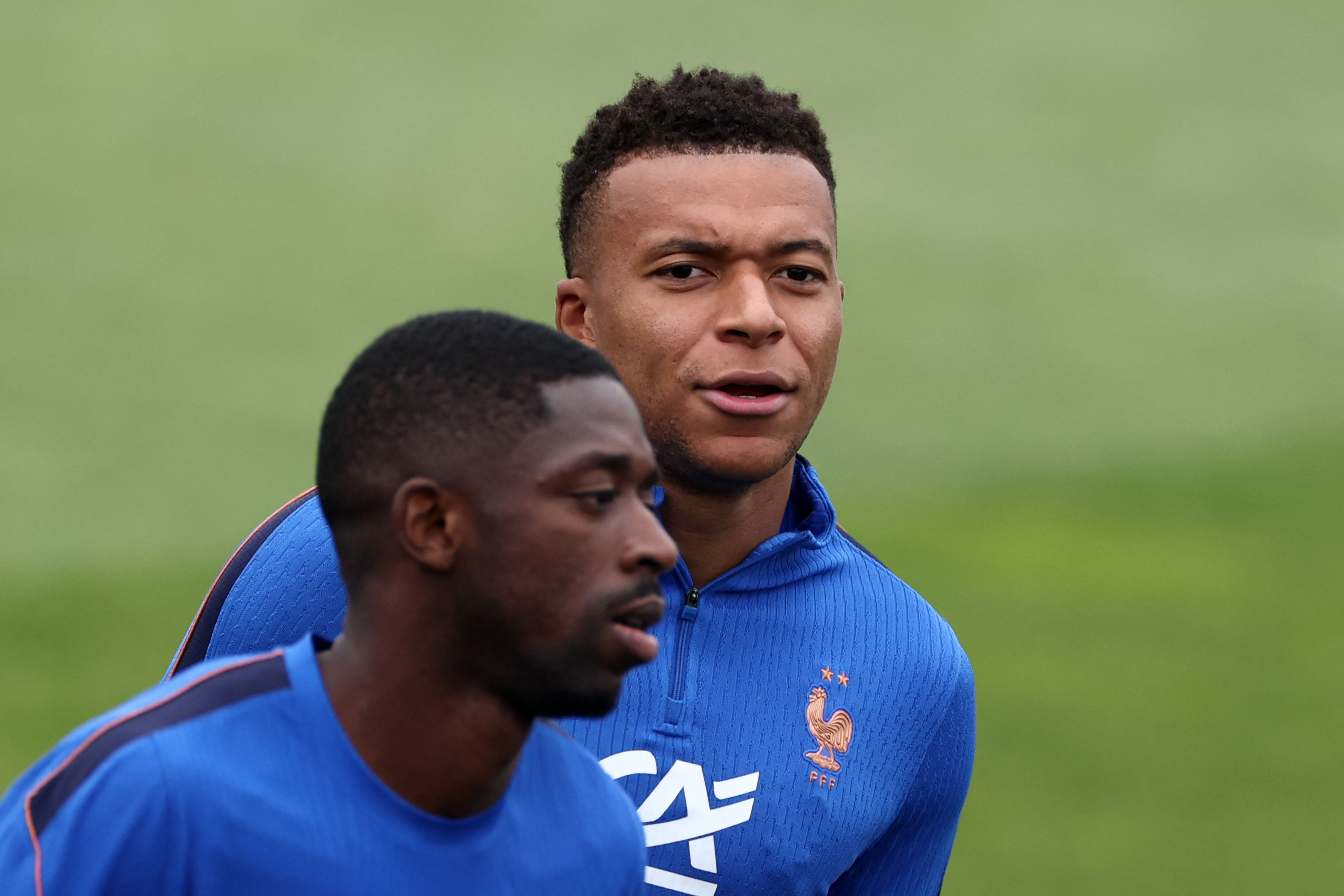 France's forward #10 Kylian Mbappe and France's forward #07 Ousmane Dembele attend a training session at Bentley University in Waltham, near Boston, on July 07, 2026, during the 2026 World Cup football tournament. (Photo by FRANCK FIFE / AFP)