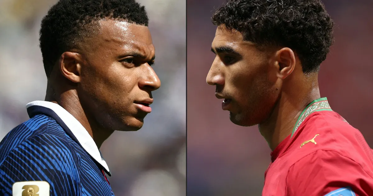 This combination of pictures created on July 07, 2026 shows France's forward #10 Kylian Mbappe reacting at the New York/New Jersey Stadium in East Rutherford on June 16, 2026, and Morocco's defender #02 Achraf Hakimi looking on at Atlanta Stadium on June 24, 2026. France and Morocco will meet in a 2026 World Cup quarter-final football match at Boston Stadium in Foxborough on July 9, 2026. (Photo by FRANCK FIFE and Darrian Traynor / various sources / AFP)