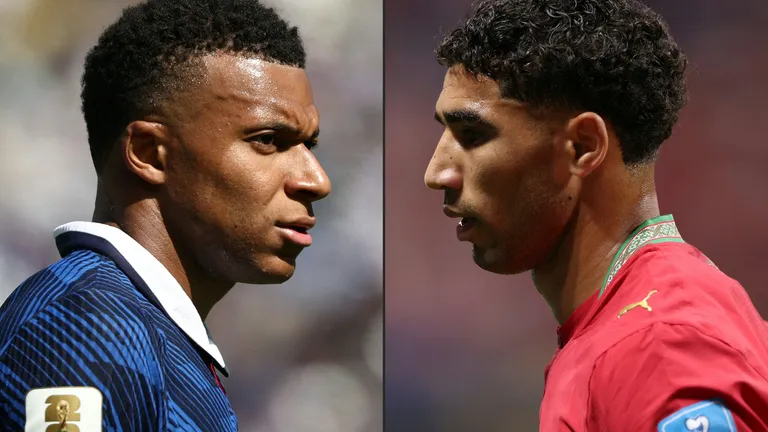 This combination of pictures created on July 07, 2026 shows France's forward #10 Kylian Mbappe reacting at the New York/New Jersey Stadium in East Rutherford on June 16, 2026, and Morocco's defender #02 Achraf Hakimi looking on at Atlanta Stadium on June 24, 2026. France and Morocco will meet in a 2026 World Cup quarter-final football match at Boston Stadium in Foxborough on July 9, 2026. (Photo by FRANCK FIFE and Darrian Traynor / various sources / AFP)
