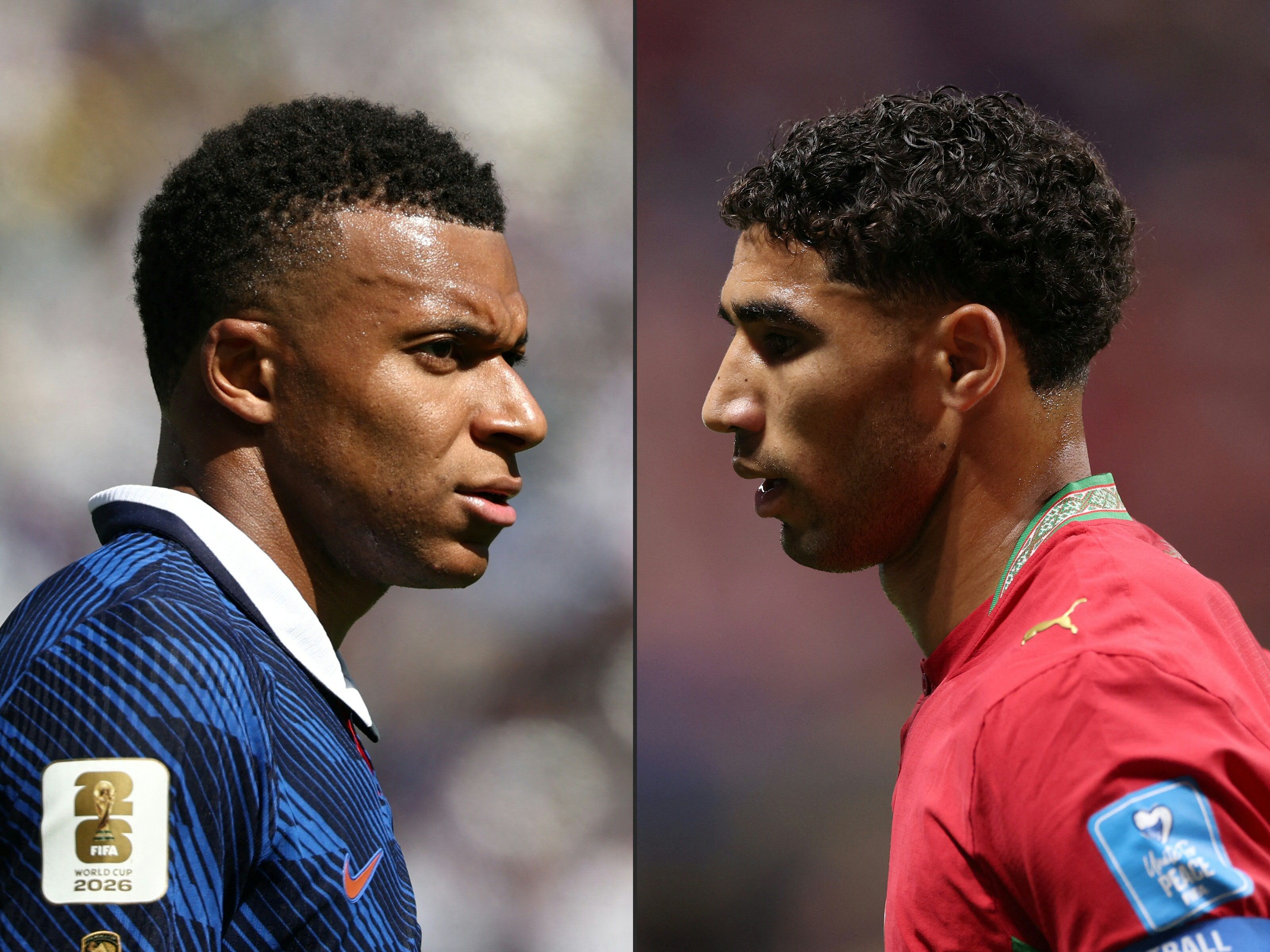This combination of pictures created on July 07, 2026 shows France's forward #10 Kylian Mbappe reacting at the New York/New Jersey Stadium in East Rutherford on June 16, 2026, and Morocco's defender #02 Achraf Hakimi looking on at Atlanta Stadium on June 24, 2026. France and Morocco will meet in a 2026 World Cup quarter-final football match at Boston Stadium in Foxborough on July 9, 2026. (Photo by FRANCK FIFE and Darrian Traynor / various sources / AFP)