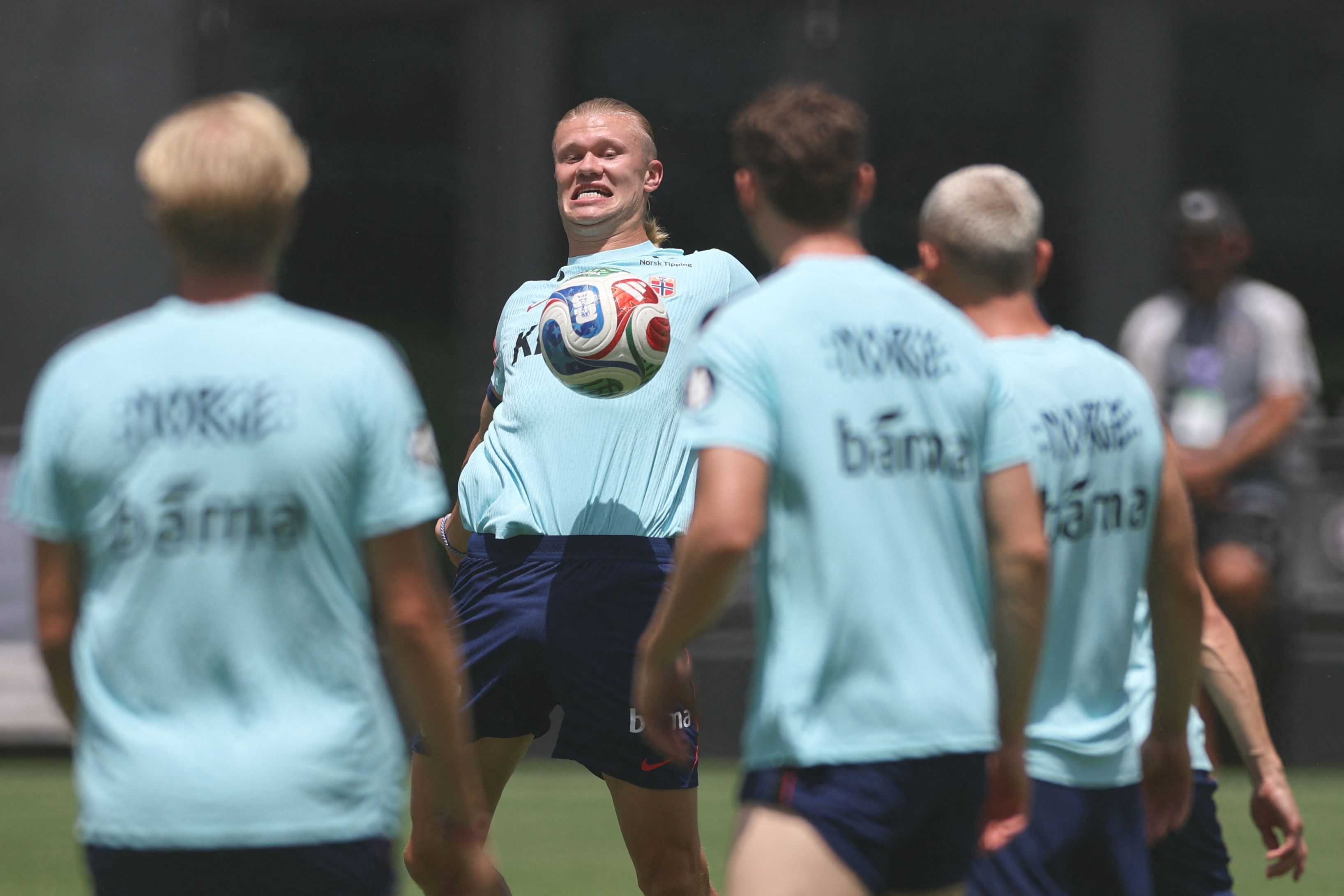 Norway's forward #09 Erling Braut Haaland takes part in a training session at the Inter Miami CF Training Facility in Fort Lauderdale on July 8, 2026 during the 2026 World Cup football torunament. (Photo by PATRICIA DE MELO MOREIRA / AFP)