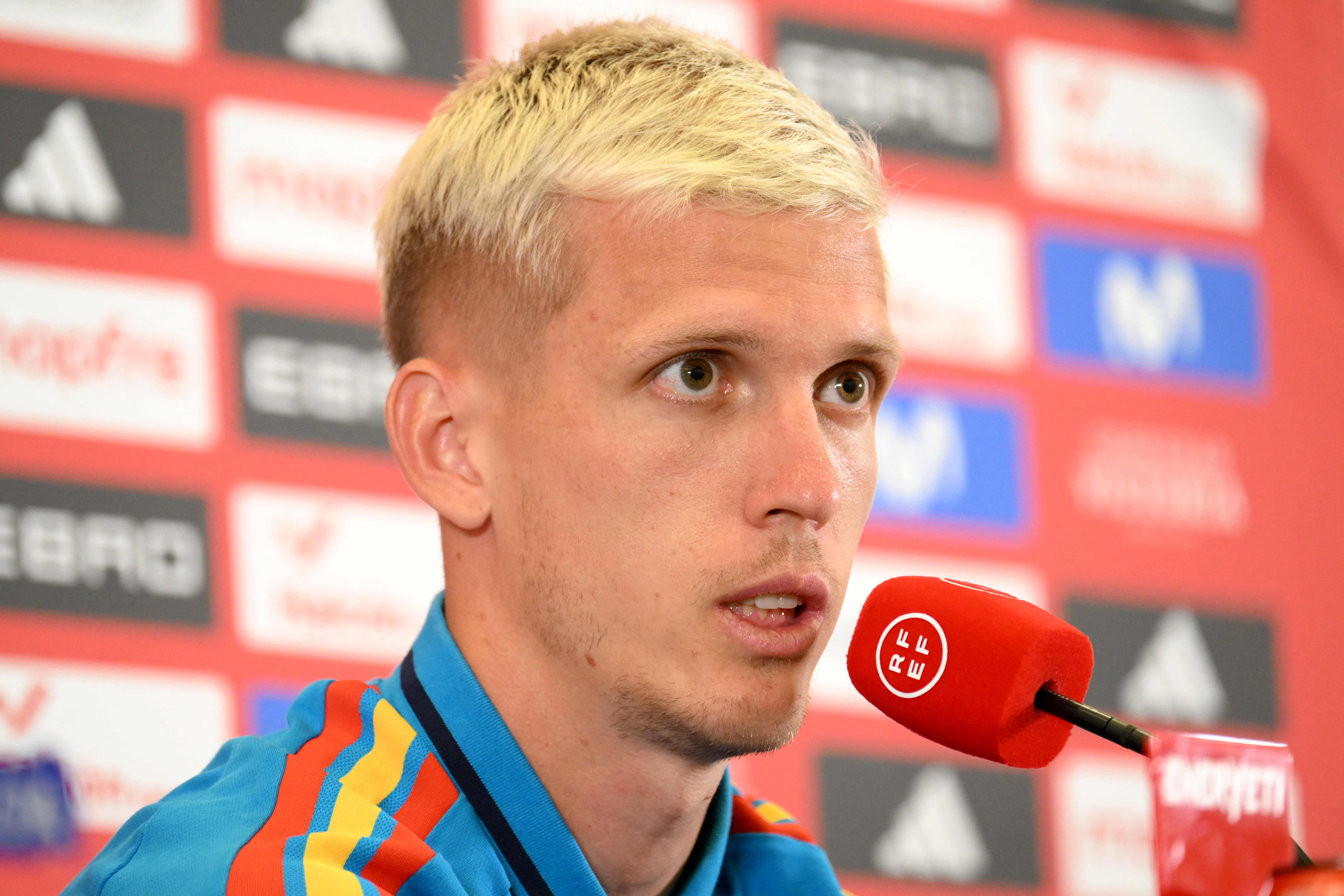 Spain's forward #10 Dani Olmo gives a press conference in Manhattan Beach, California on July 8, 2026, during the 2026 World Cup football tournament. (Photo by Patrick T. Fallon / AFP)