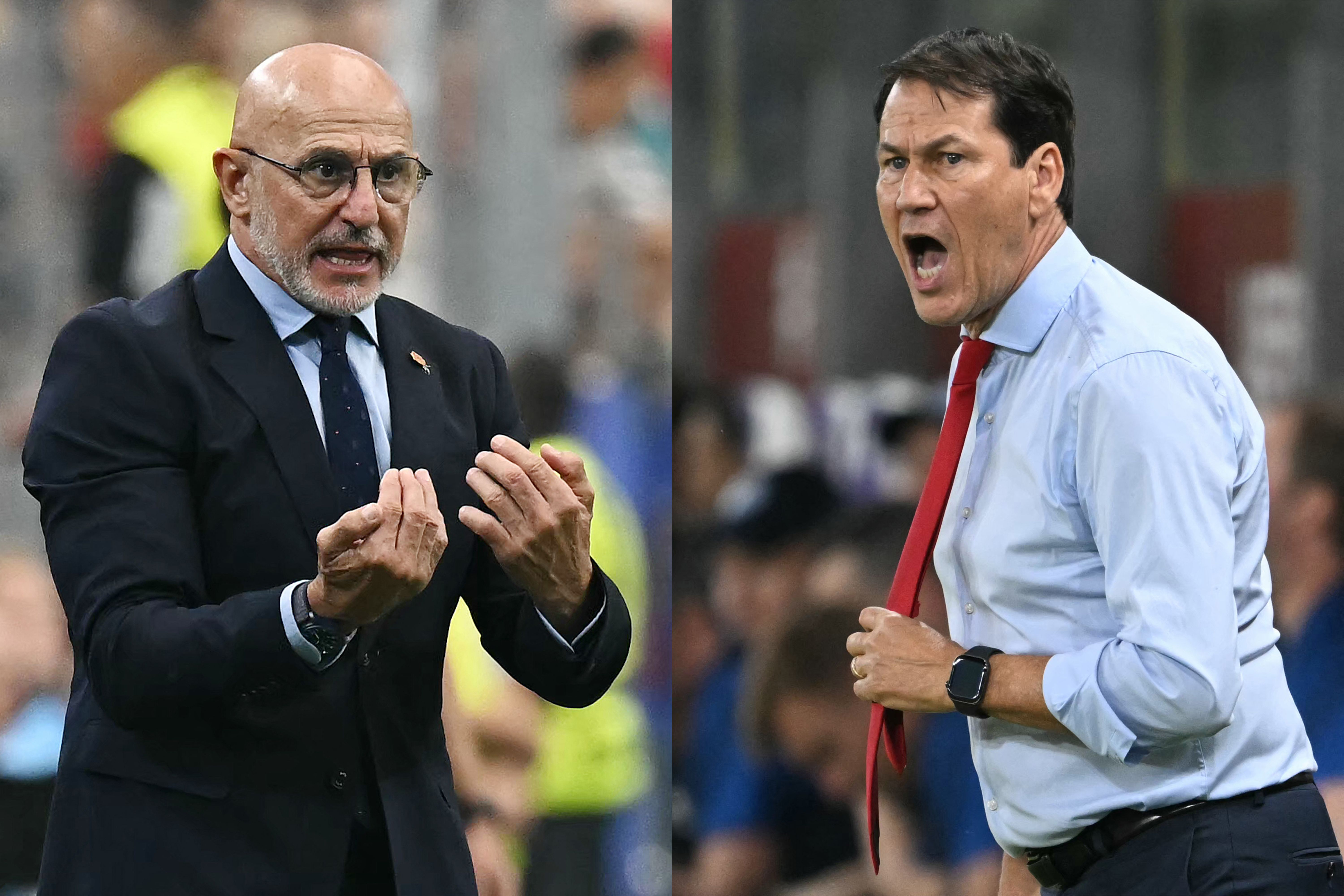 This combination of pictures created on July 8, 2026, shows Spain's head coach Luis de la Fuente (L) gesturing in Arlington on July 6, 2026; and Belgium's French head coach Rudi Garcia (R) gesturing in Anderlecht on September 7, 2025. Spain and Belgium will meet in a 2026 World Cup football tournament quarter-final match at Los Angeles Stadium in Inglewood on July 10, 2026. (Photo by Paul ELLIS and Nicolas TUCAT / AFP)
