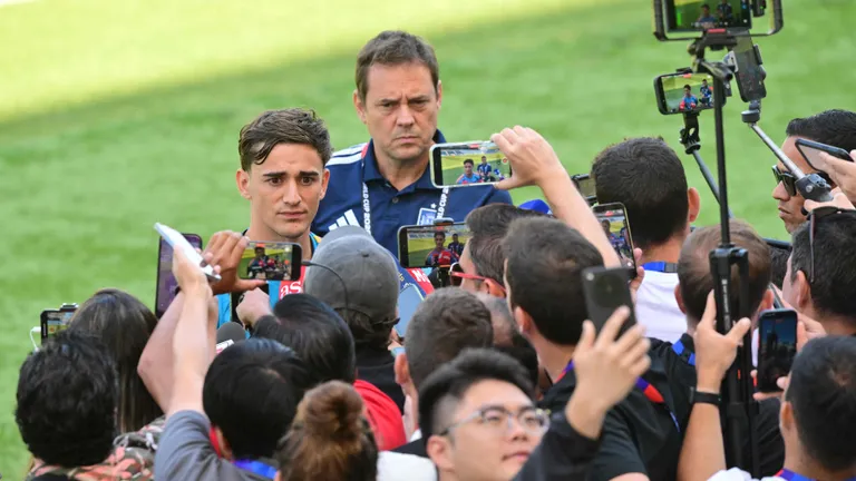 Spain's midfielder #09 Gavi speaks to the media at Carson Sports Park in Carson, California on July 9, 2026, on the eve of the 2026 World Cup football tournament quarter-final match between Spain and Belgium. (Photo by Frederic J. Brown / AFP)