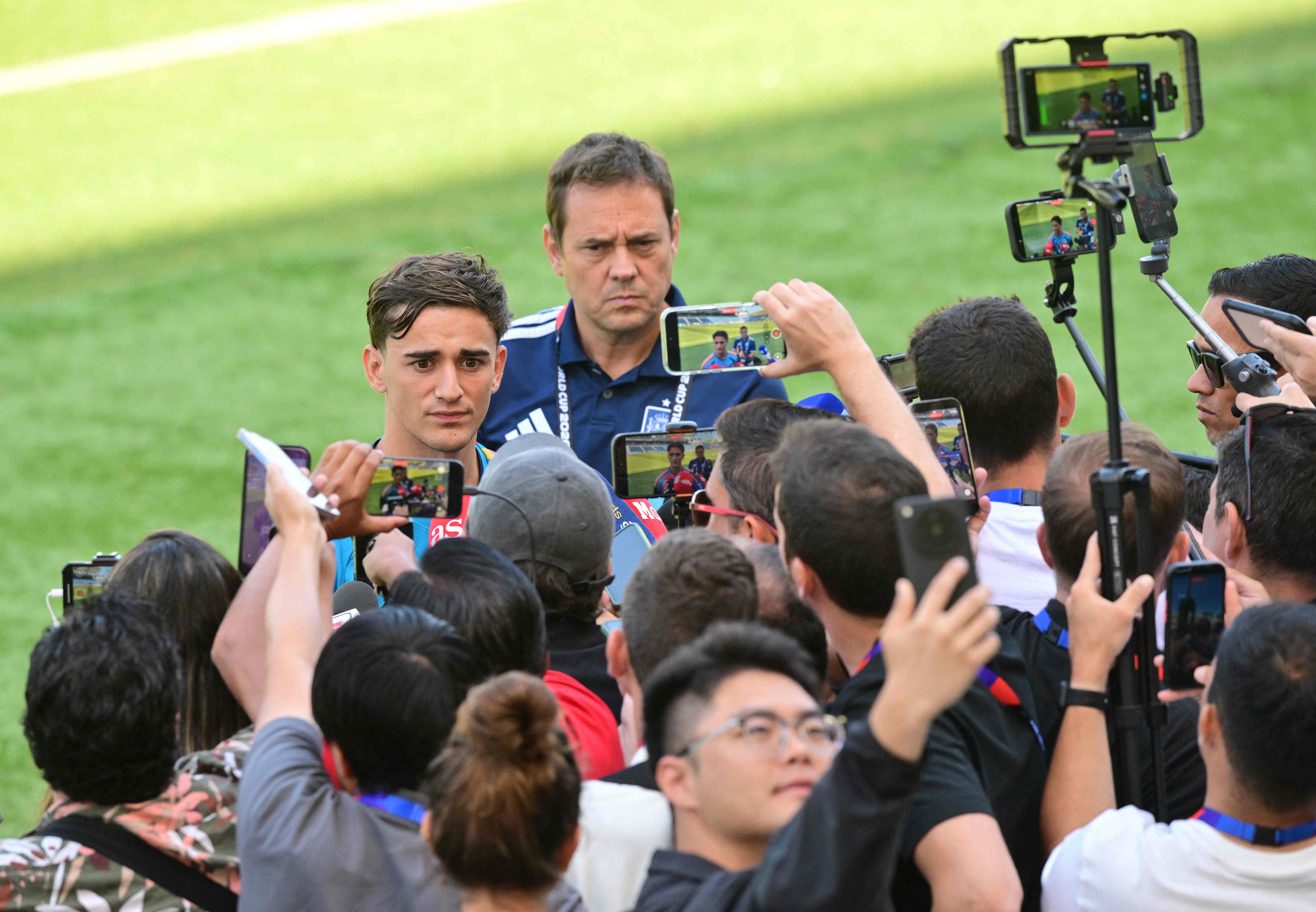 Spain's midfielder #09 Gavi speaks to the media at Carson Sports Park in Carson, California on July 9, 2026, on the eve of the 2026 World Cup football tournament quarter-final match between Spain and Belgium. (Photo by Frederic J. Brown / AFP)