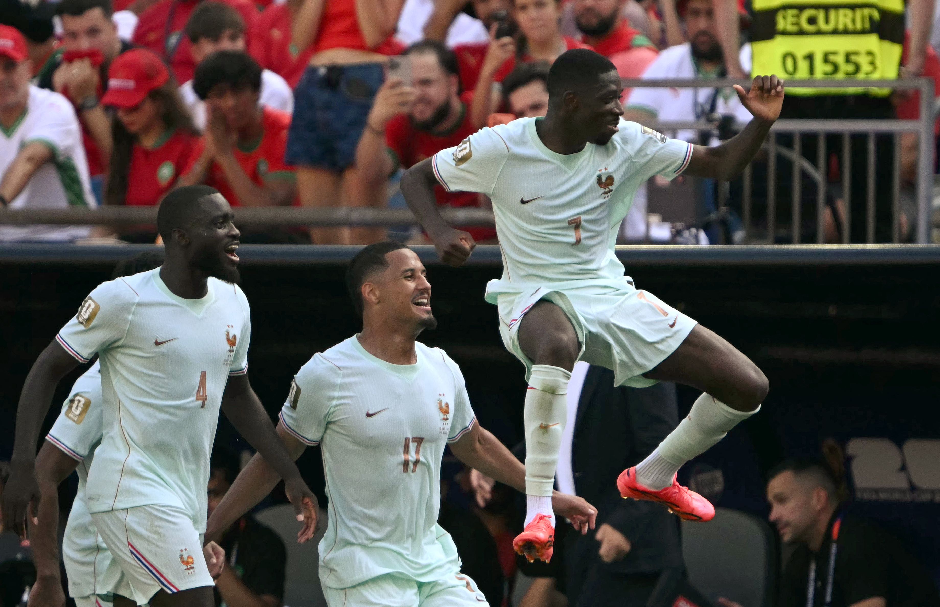 TOPSHOT - France's forward #07 Ousmane Dembele celebrates scoring his team's second goal during the 2026 World Cup football tournament quarter-final match between France and Morocco at Boston Stadium in Foxborough on July 9, 2026.  (Photo by MAURO PIMENTEL / AFP)